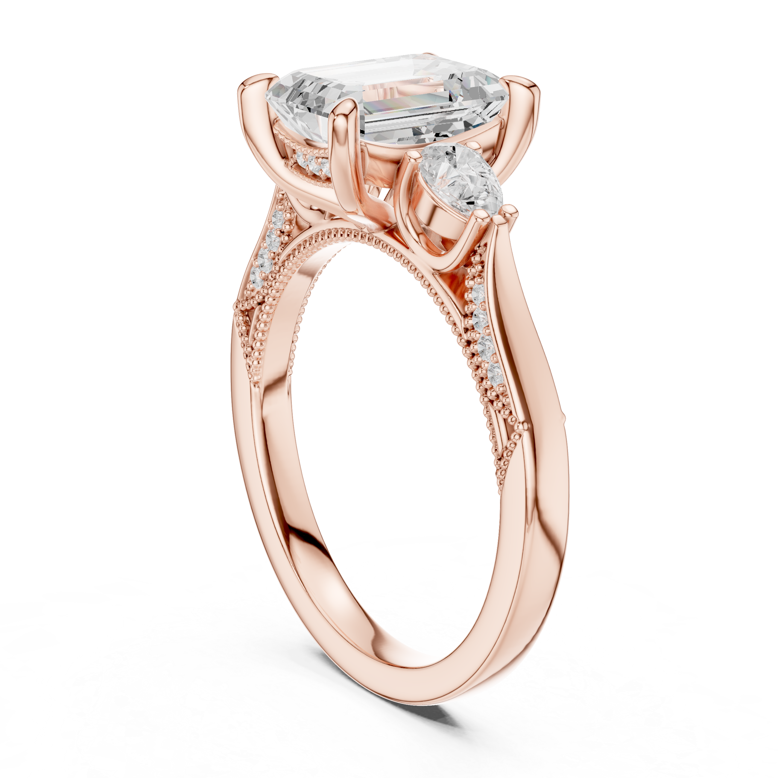 2.48 CT Emerald Cut Three-Stone Cathedral Diamond Engagement Ring