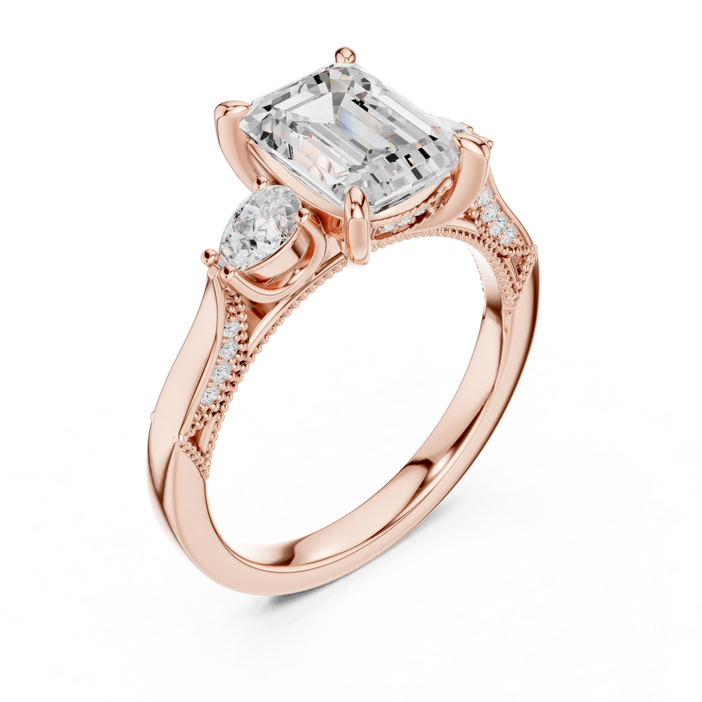 2.48 CT Emerald Cut Three-Stone Cathedral Diamond Engagement Ring