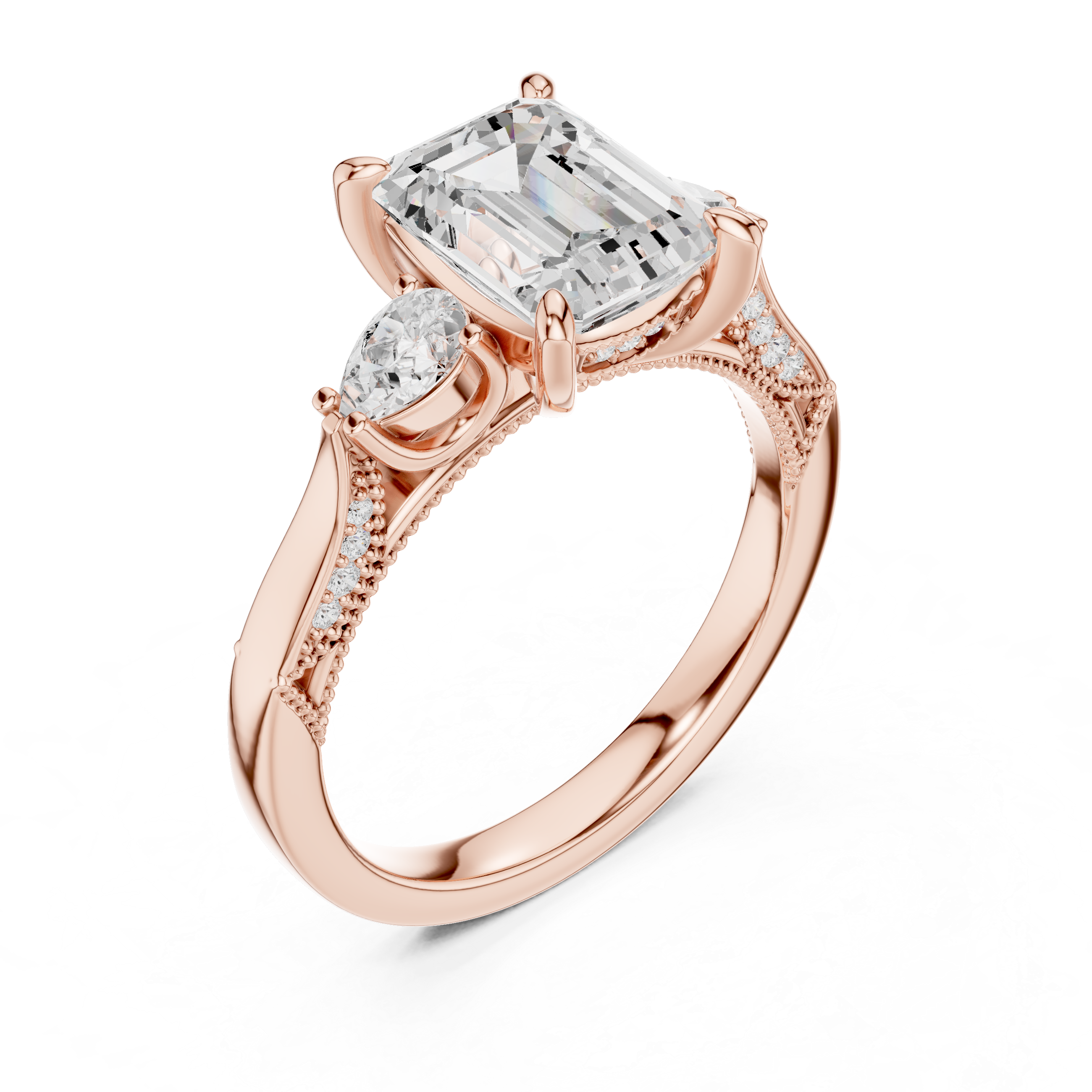 2.48 CT Emerald Cut Three-Stone Cathedral Diamond Engagement Ring
