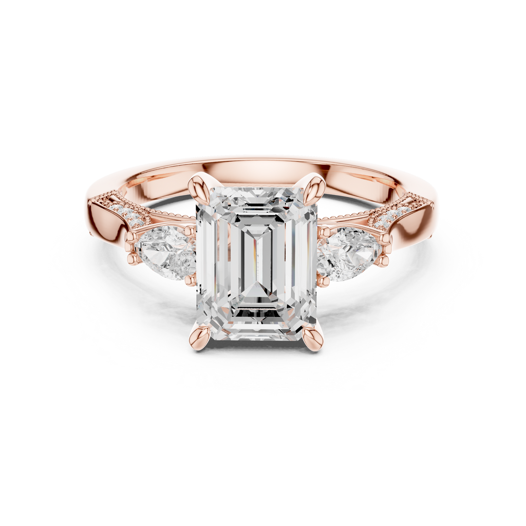 2.48 CT Emerald Cut Three-Stone Cathedral Diamond Engagement Ring