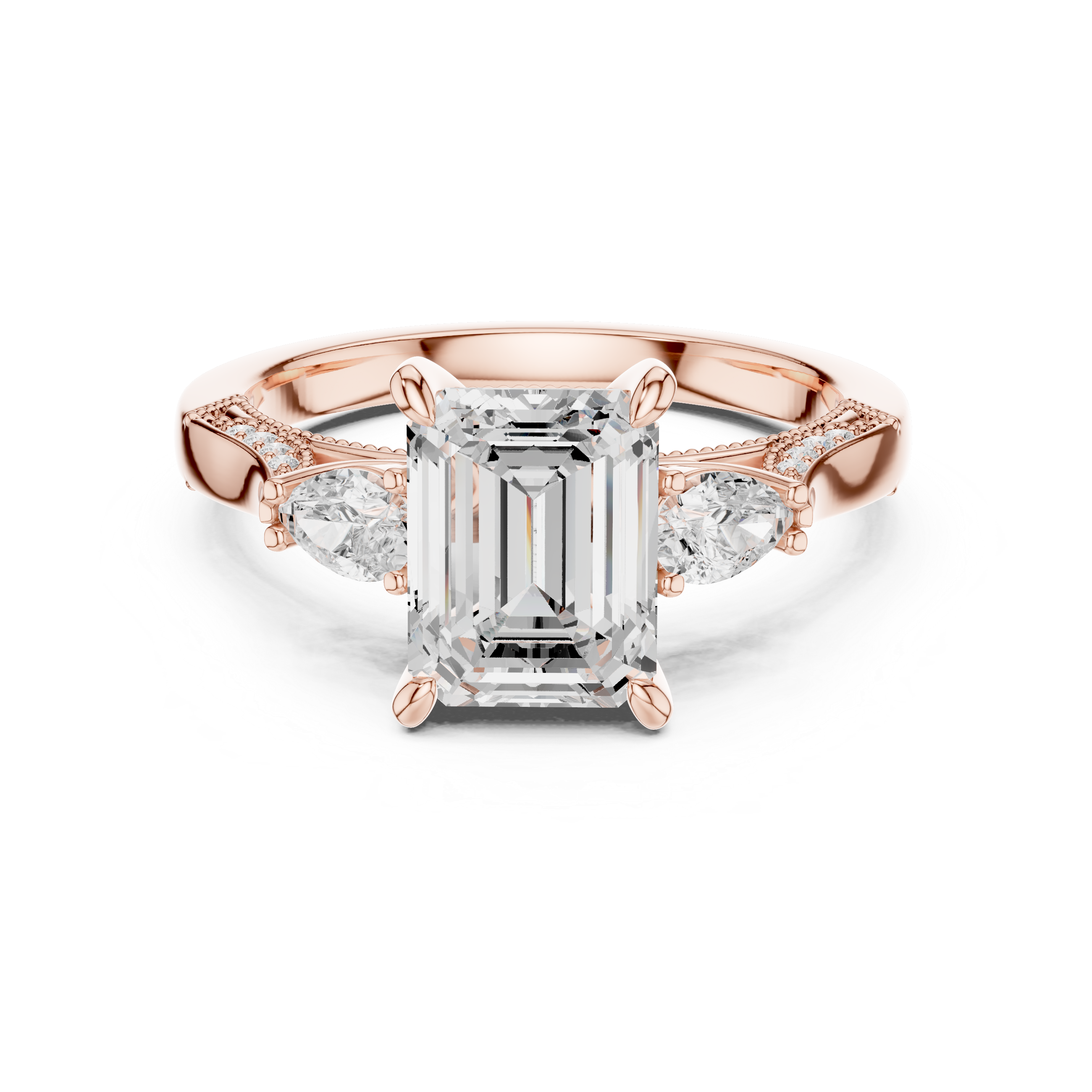 2.48 CT Emerald Cut Three-Stone Cathedral Diamond Engagement Ring