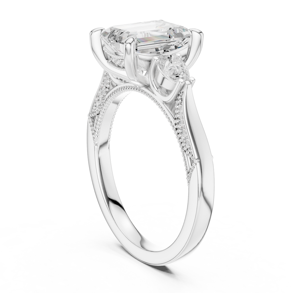 2.48 CT Emerald Cut Three-Stone Cathedral Diamond Engagement Ring