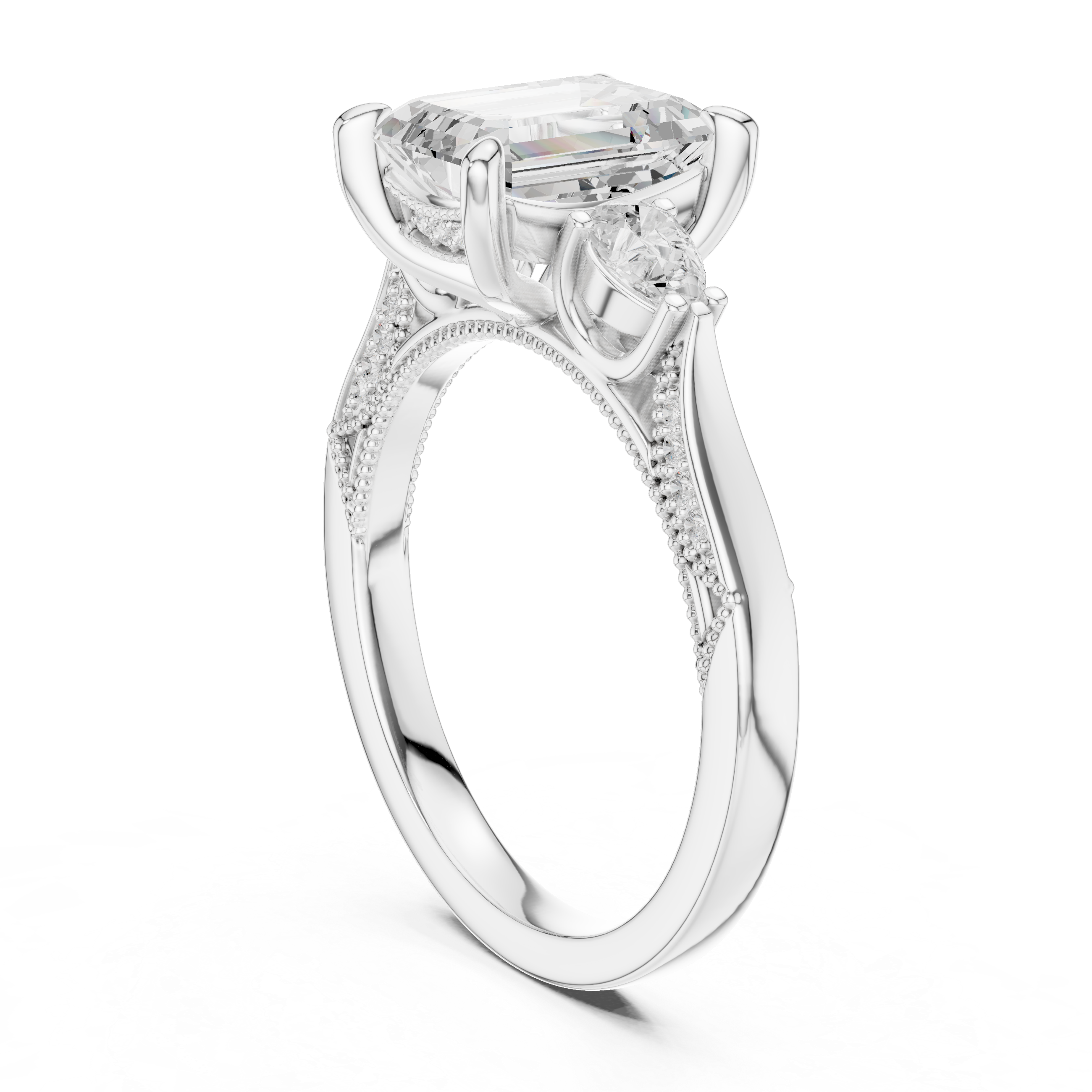 2.48 CT Emerald Cut Three-Stone Cathedral Diamond Engagement Ring
