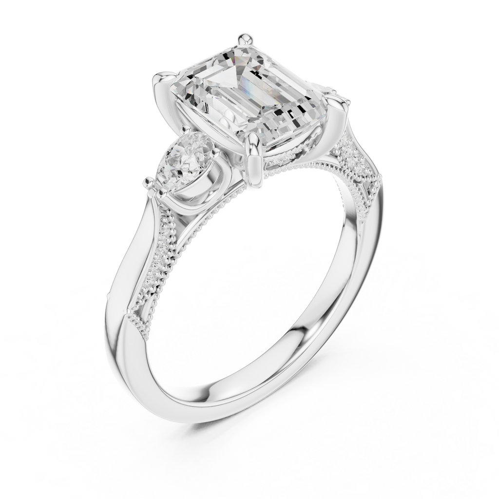 2.48 CT Emerald Cut Three-Stone Cathedral Diamond Engagement Ring