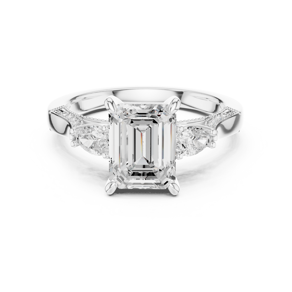 2.48 CT Emerald Cut Three-Stone Cathedral Diamond Engagement Ring