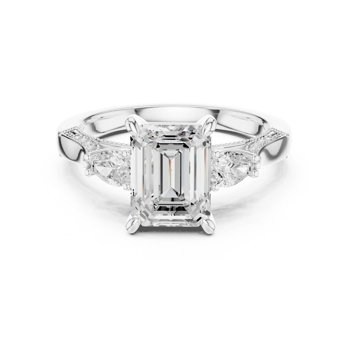 Emerald Cut Three-Stone Cathedral Diamond Engagement Ring — Jewelix Atelier