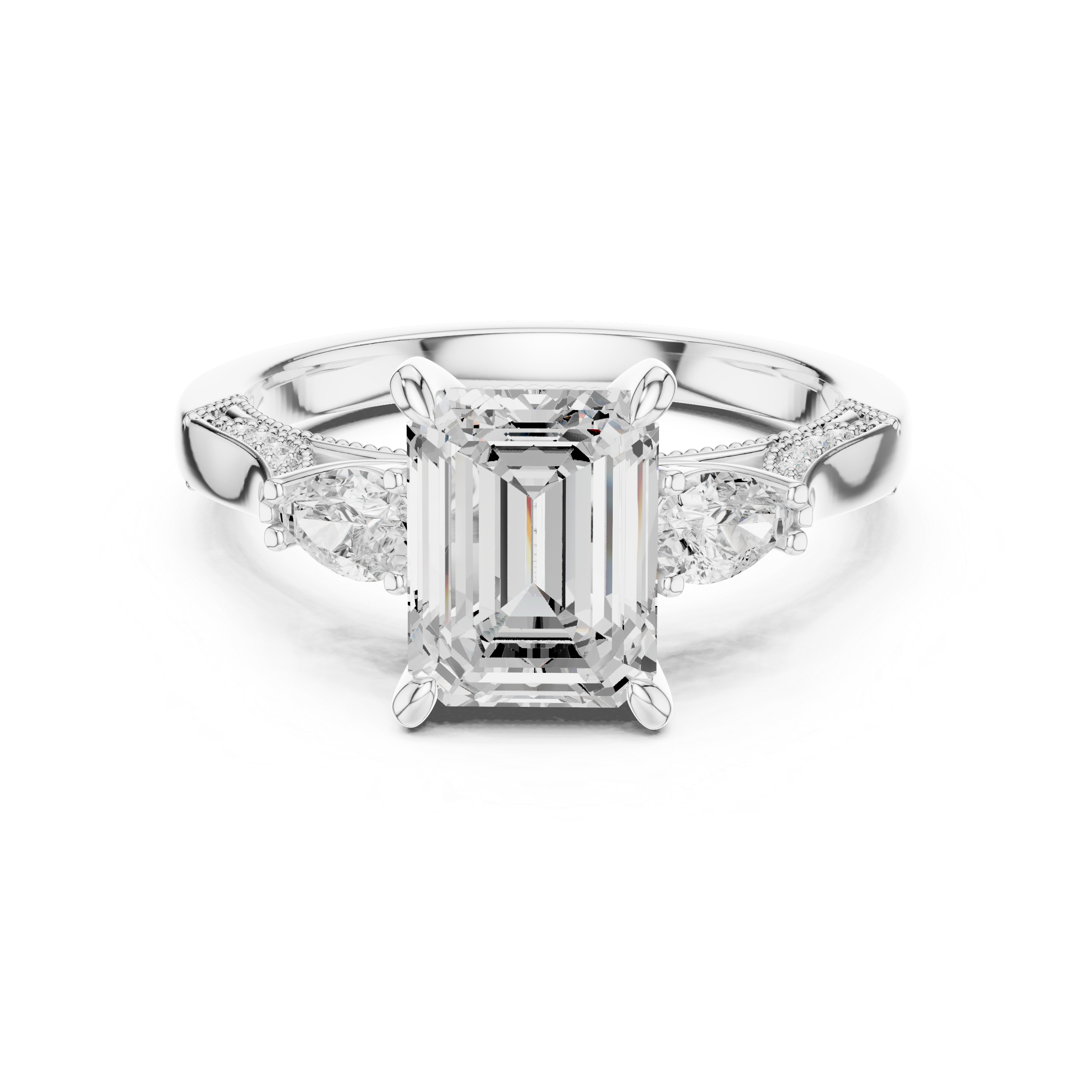 2.48 CT Emerald Cut Three-Stone Cathedral Diamond Engagement Ring