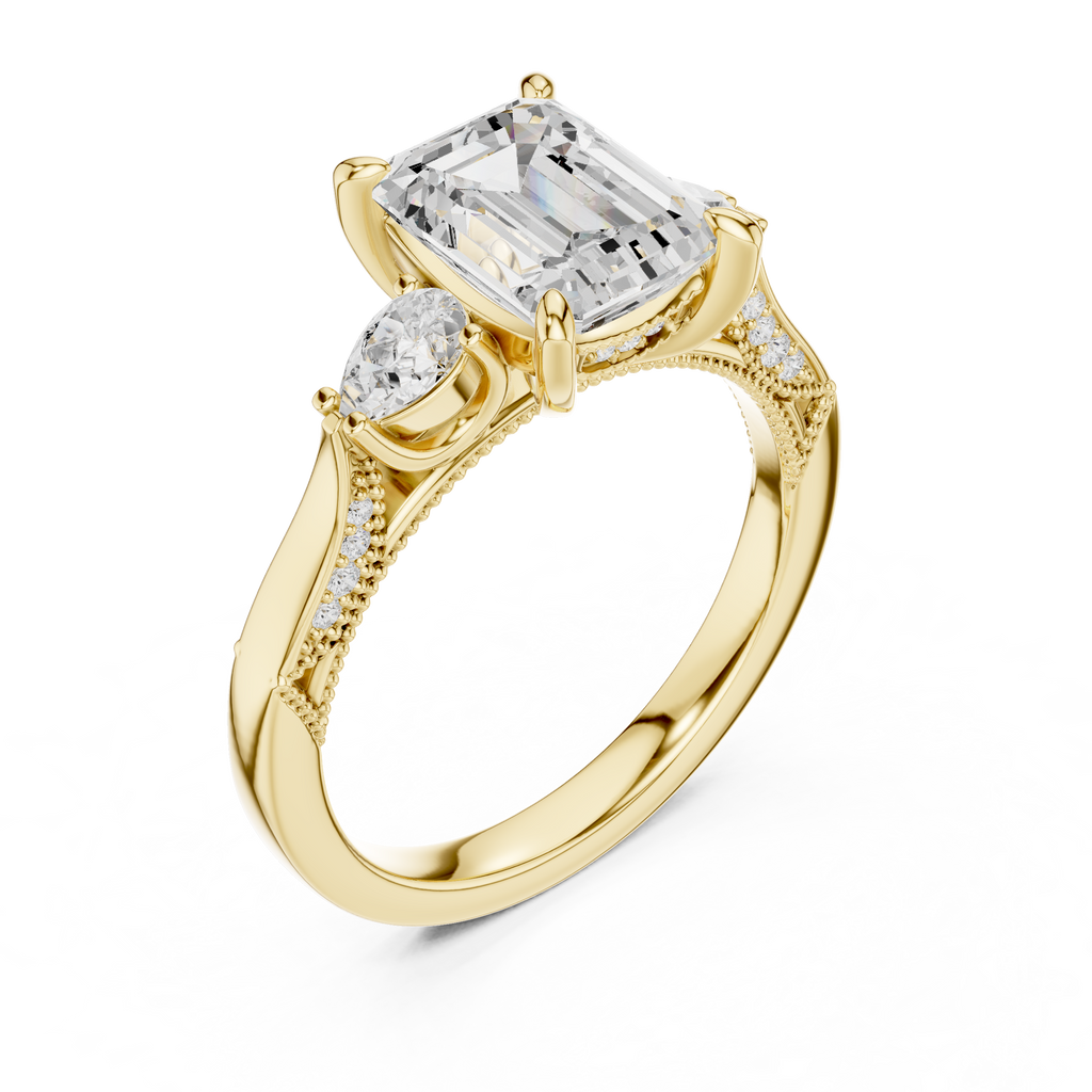 2.48 CT Emerald Cut Three-Stone Cathedral Diamond Engagement Ring