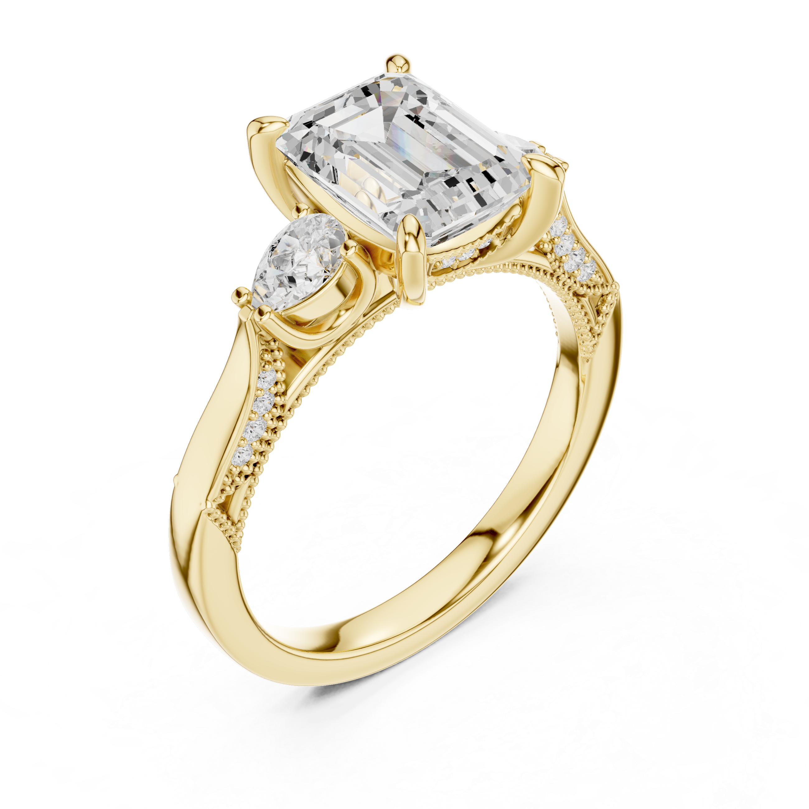 2.48 CT Emerald Cut Three-Stone Cathedral Diamond Engagement Ring