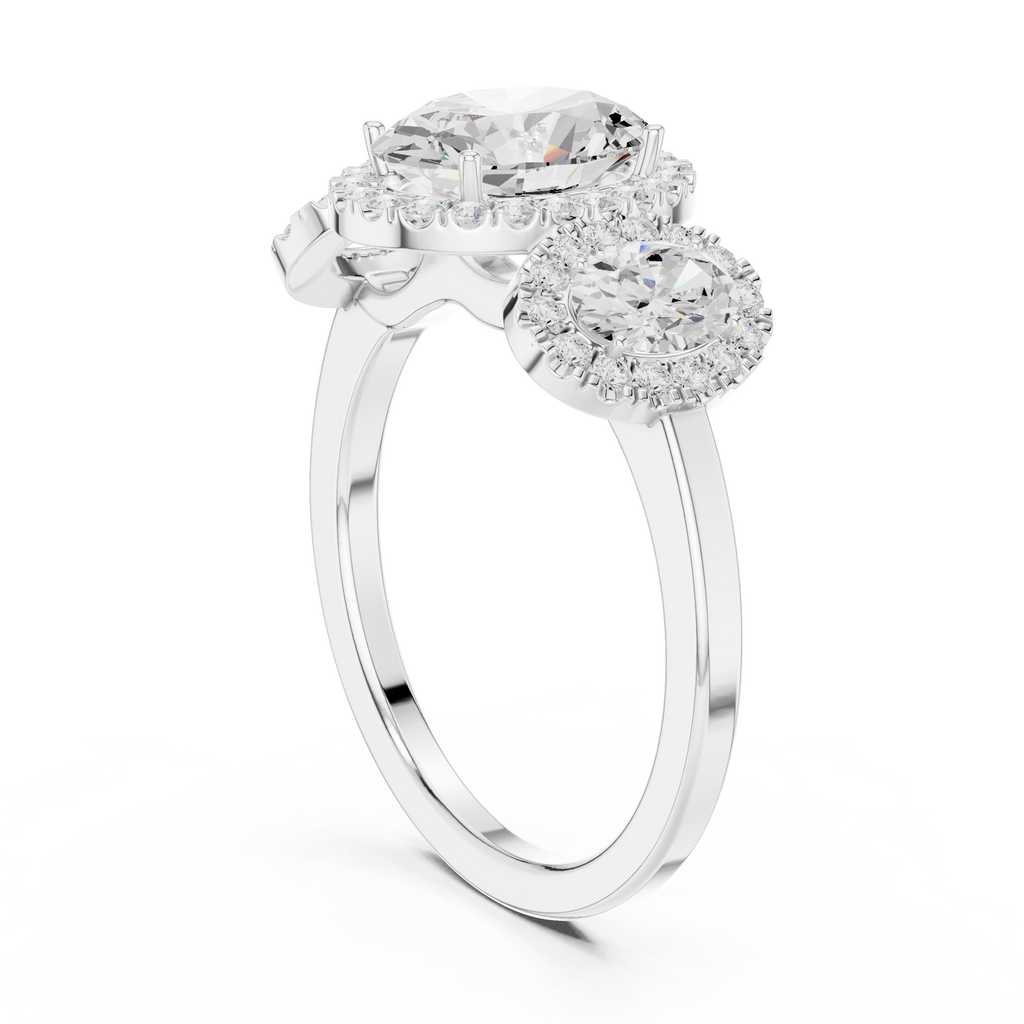 Oval Three Stone Halo Diamond Engagement Ring