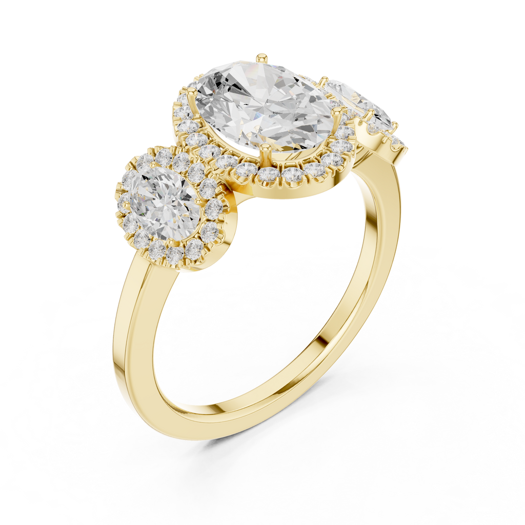 Oval Three Stone Halo Diamond Engagement Ring