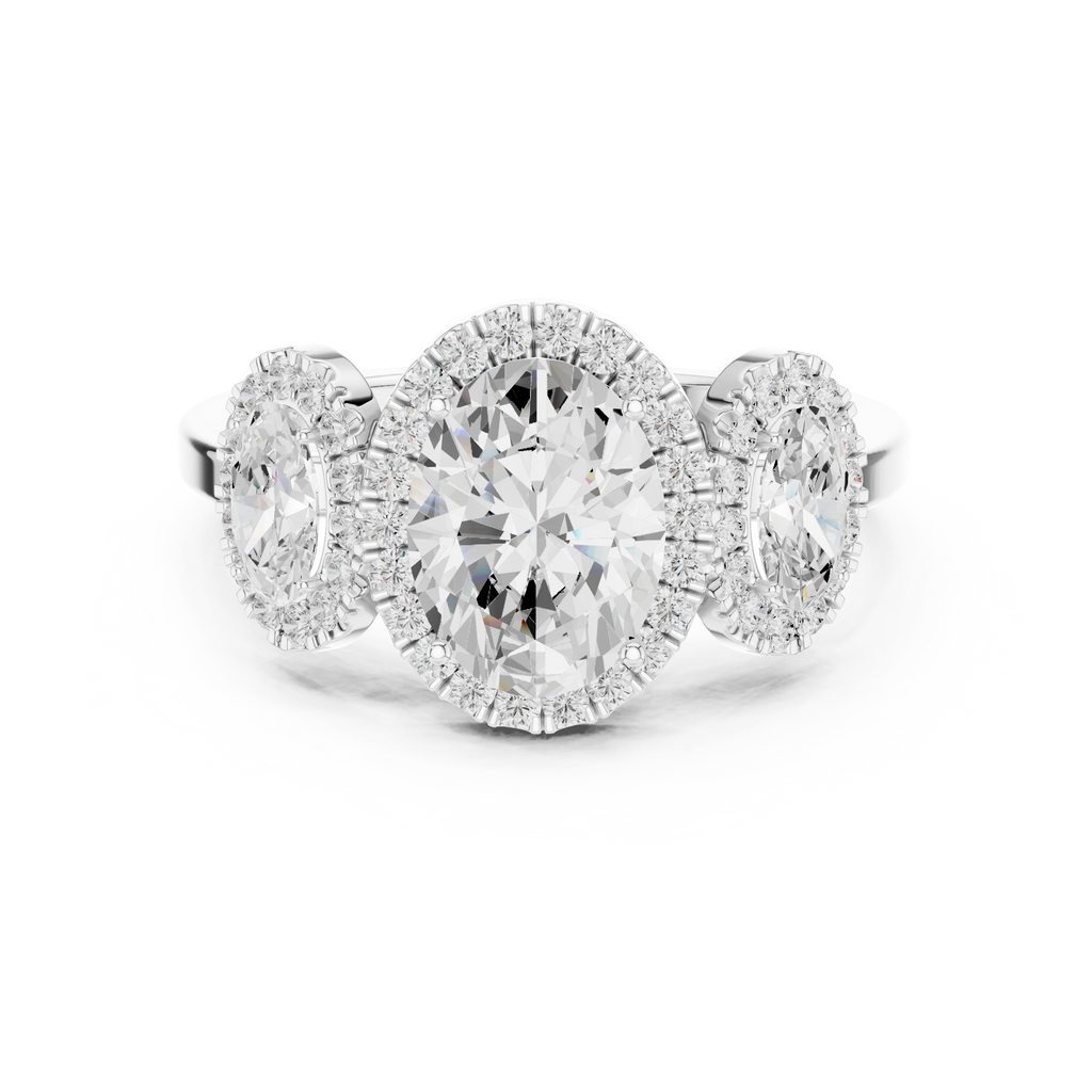 Oval Three Stone Halo Diamond Engagement Ring