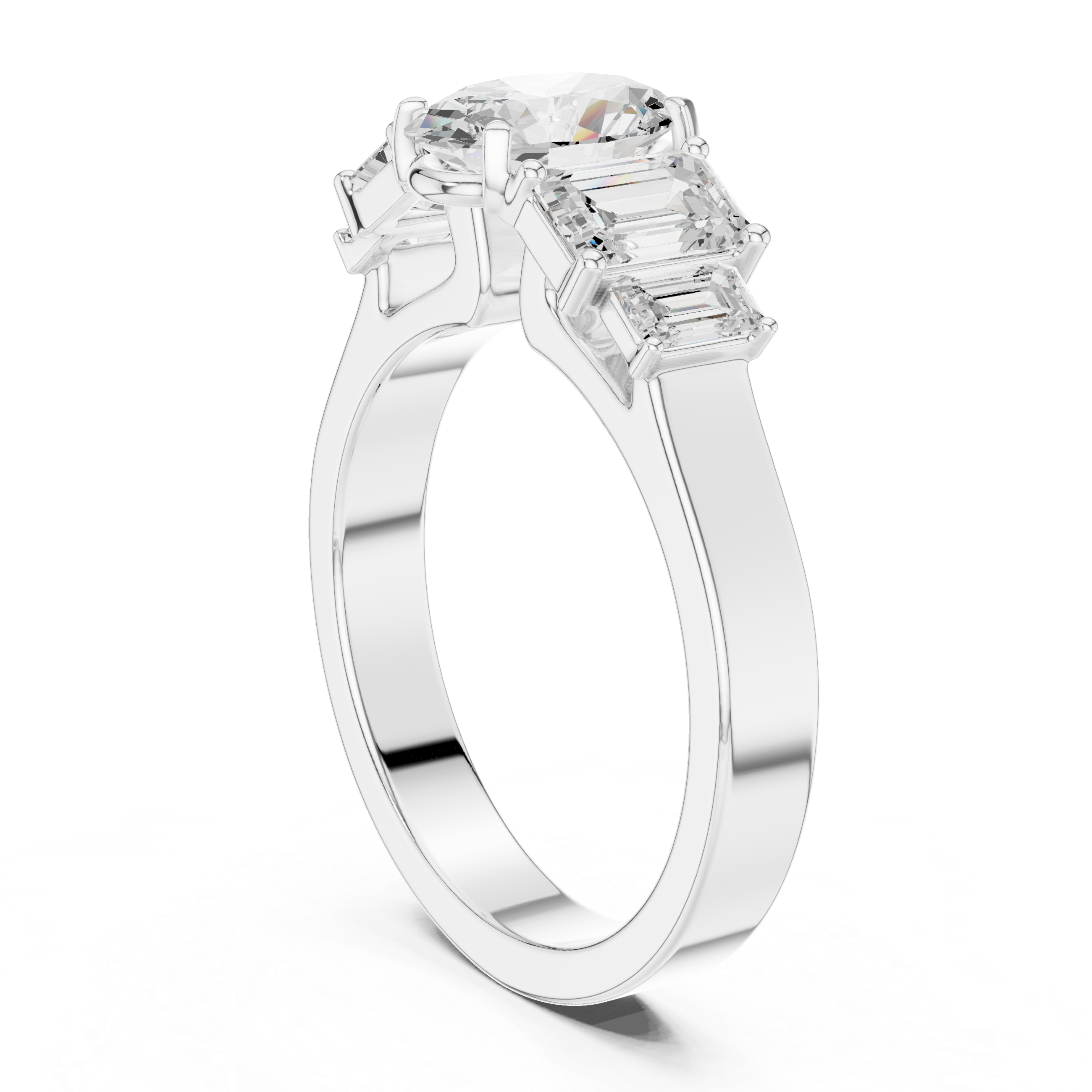 Oval & Emerald Cut Three Stone Diamond Engagement Ring