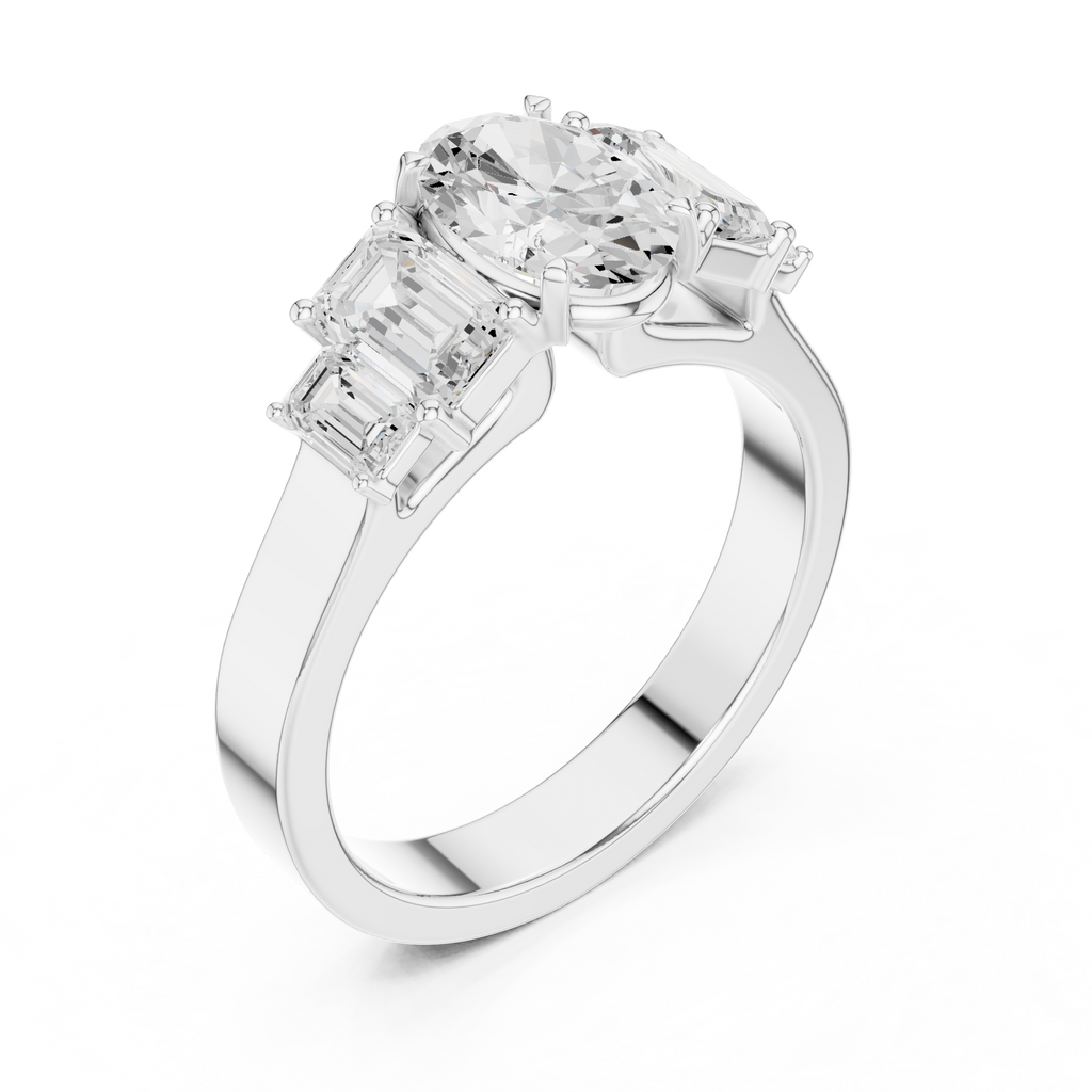 Oval & Emerald Cut Three Stone Diamond Engagement Ring