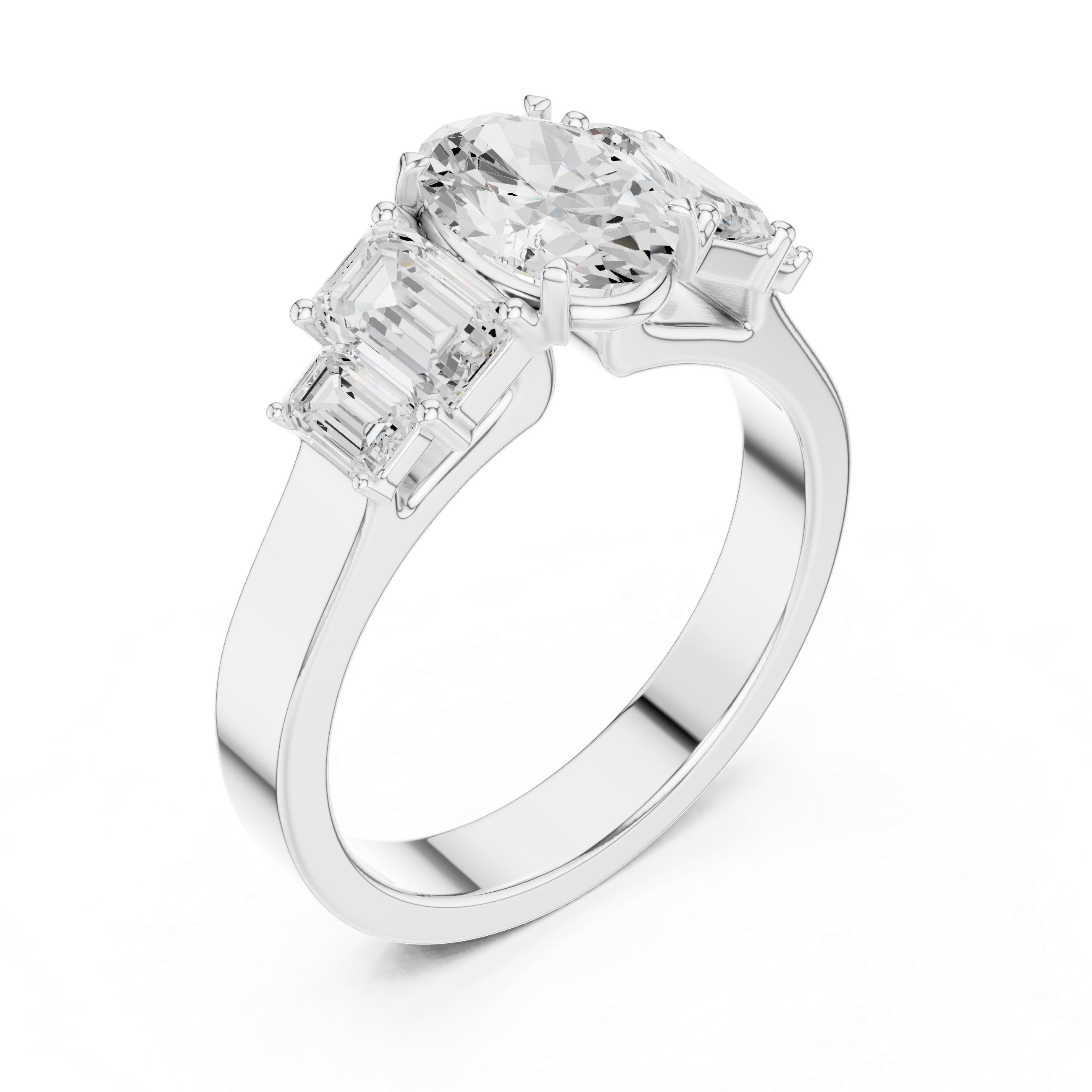 Oval & Emerald Cut Three Stone Diamond Engagement Ring