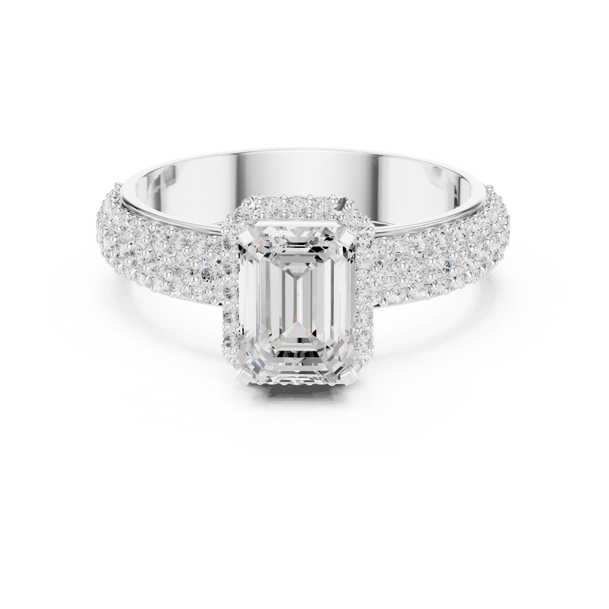 Emerald Cut Halo Lab Grown Diamond with Pavé Band Engagement Ring — Jewelix Atelier