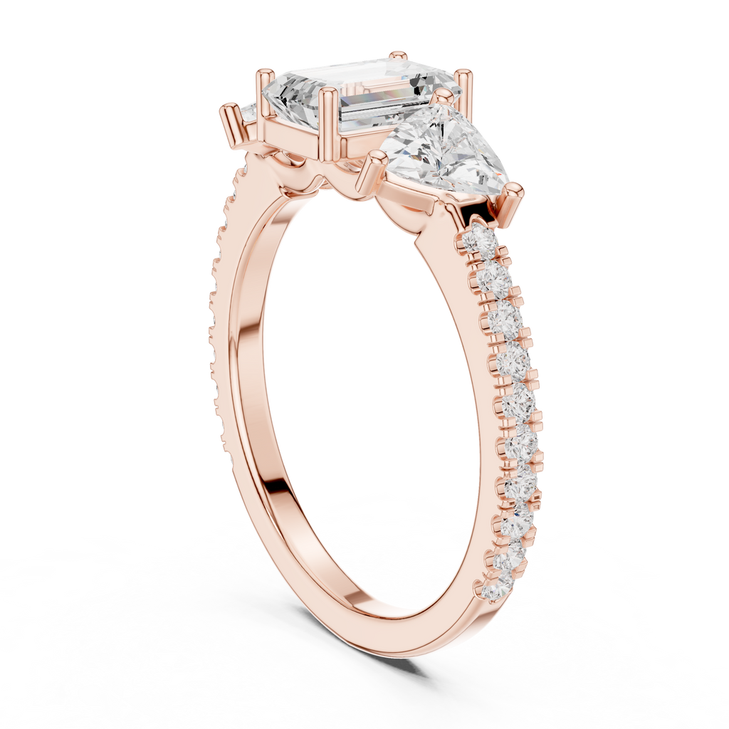Emerald Cut Three Stone Diamond Engagement Ring with Trillion Side Stones