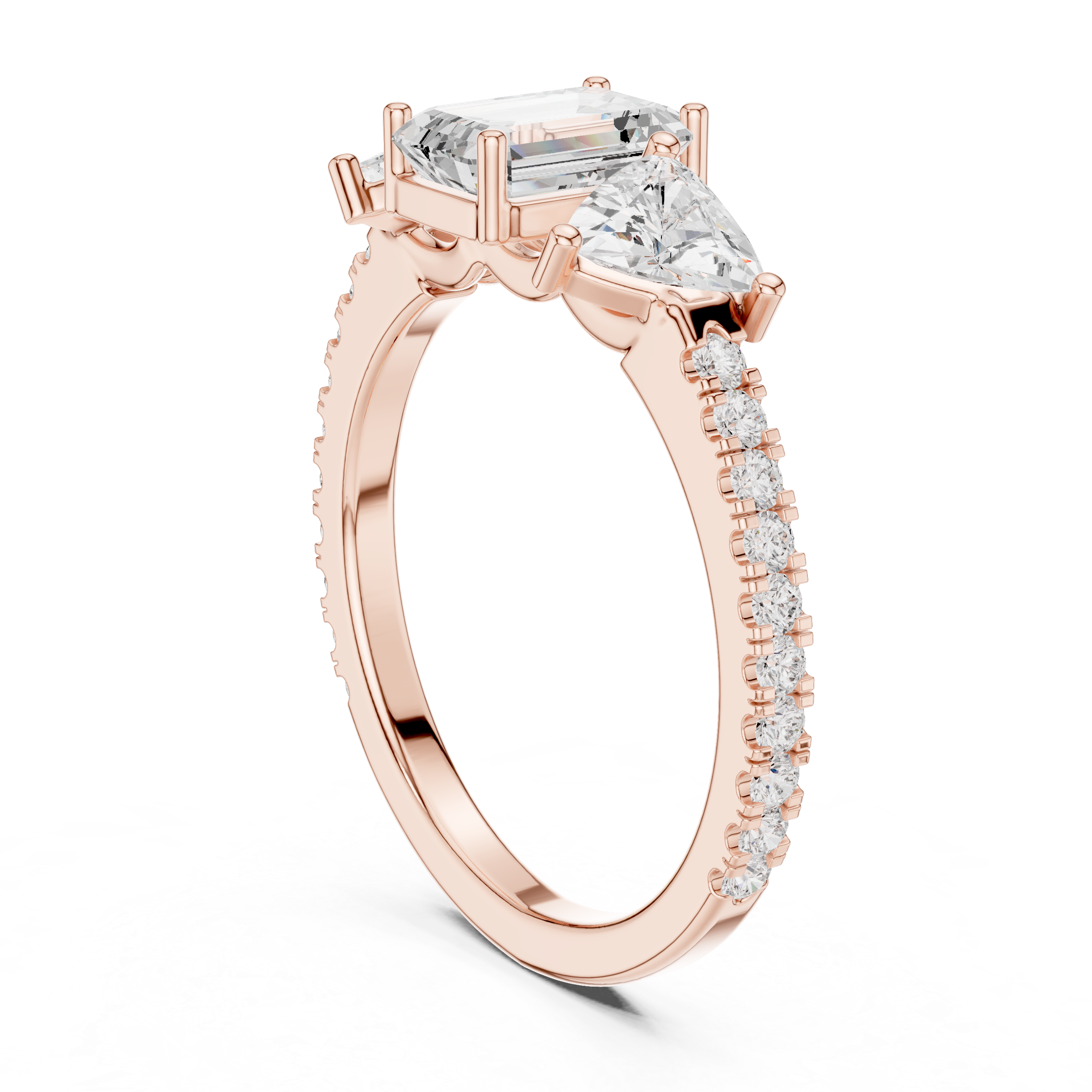 Emerald Cut Three Stone Diamond Engagement Ring with Trillion Side Stones