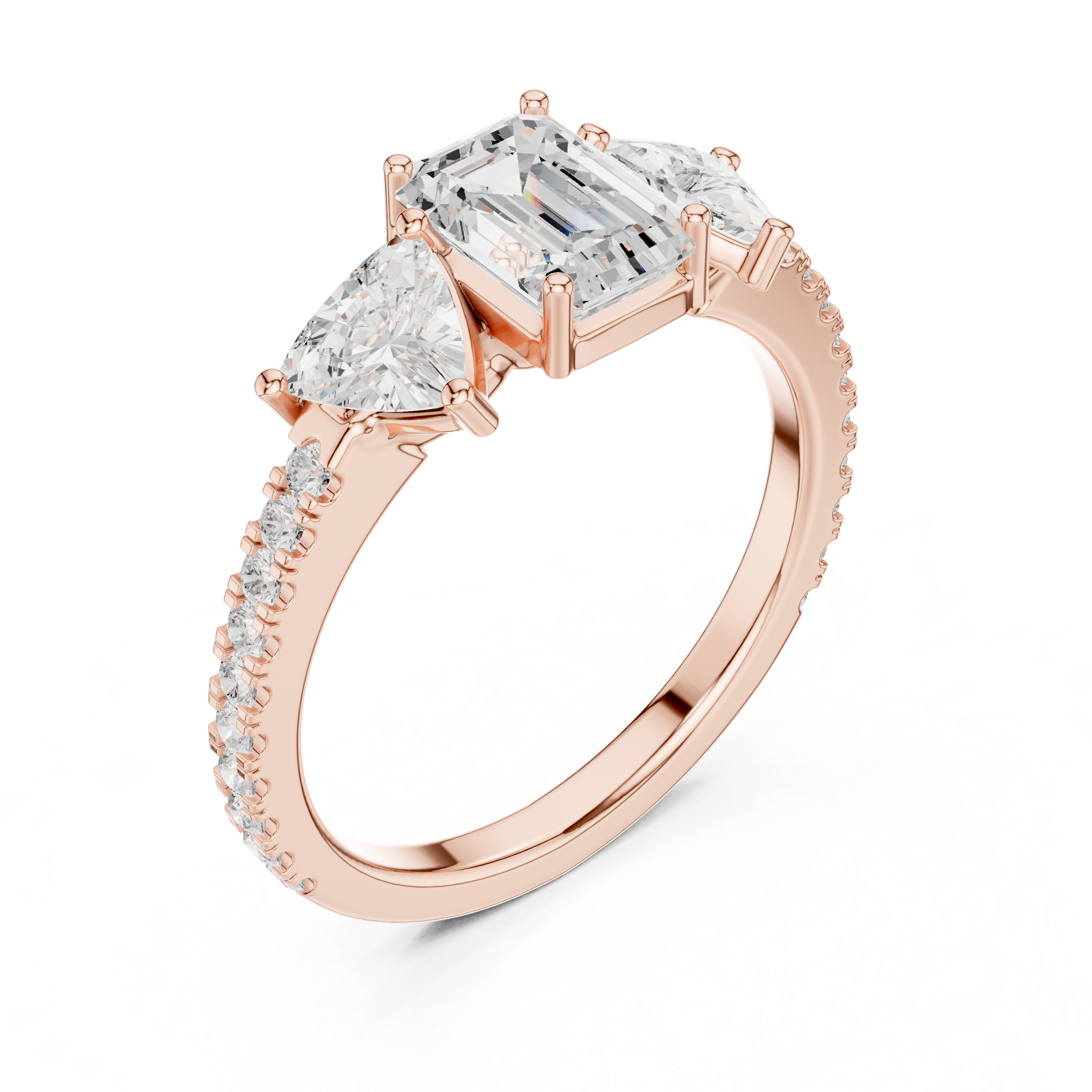 Emerald Cut Three Stone Diamond Engagement Ring with Trillion Side Stones