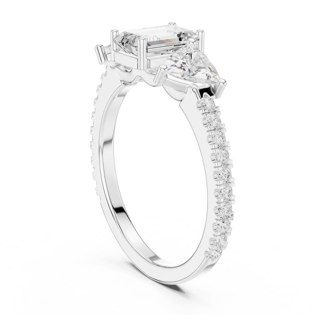 Emerald Cut Three Stone Diamond Engagement Ring with Trillion Side Stones