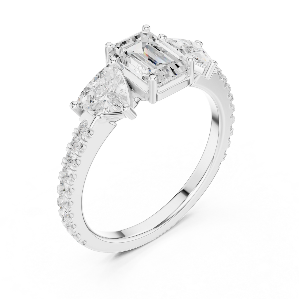 Emerald Cut Three Stone Diamond Engagement Ring with Trillion Side Stones