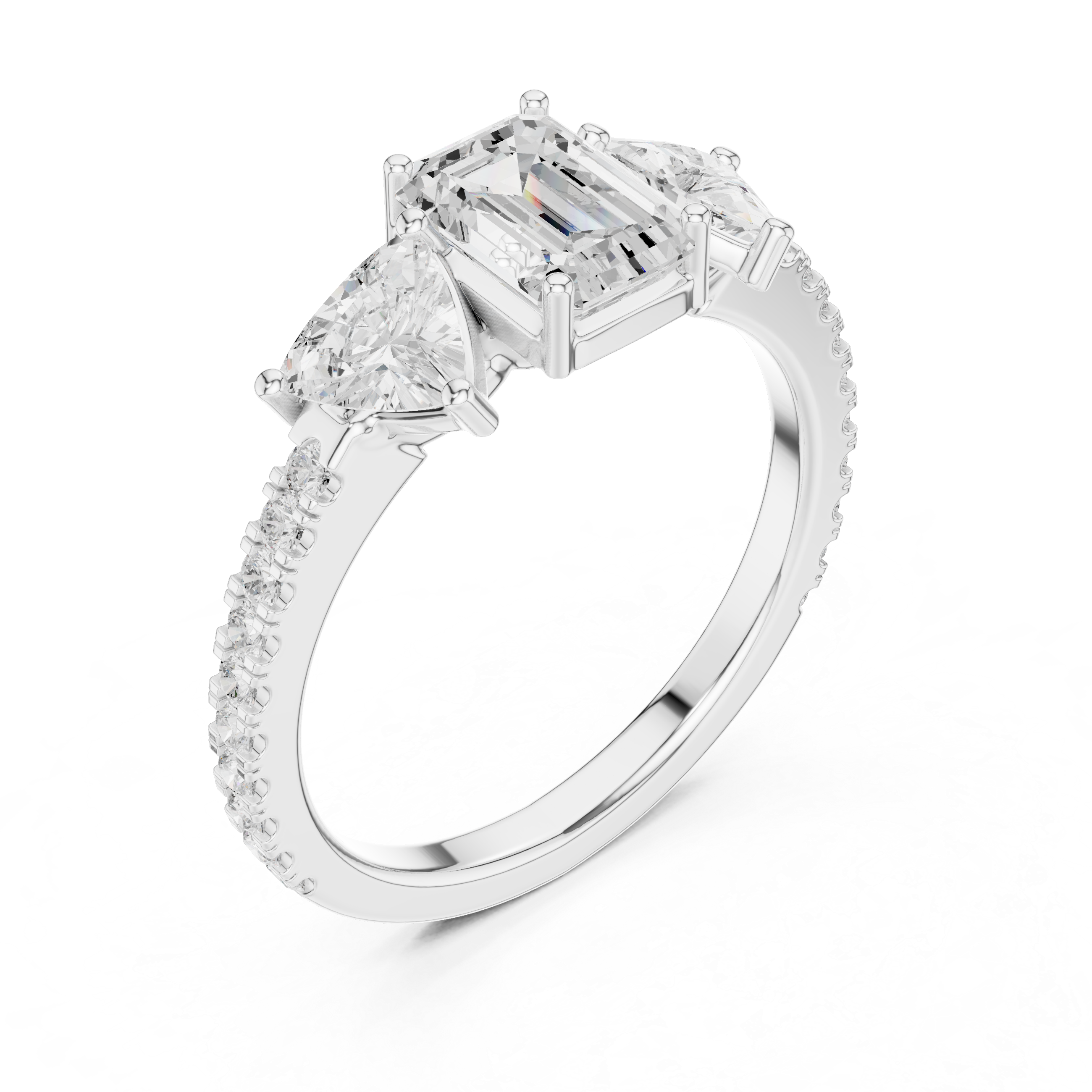 Emerald Cut Three Stone Diamond Engagement Ring with Trillion Side Stones