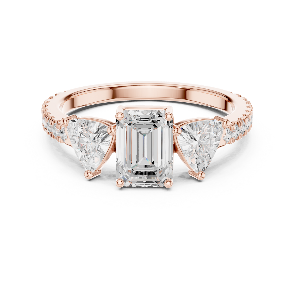 Emerald Cut Three Stone Diamond Engagement Ring with Trillion Side Stones
