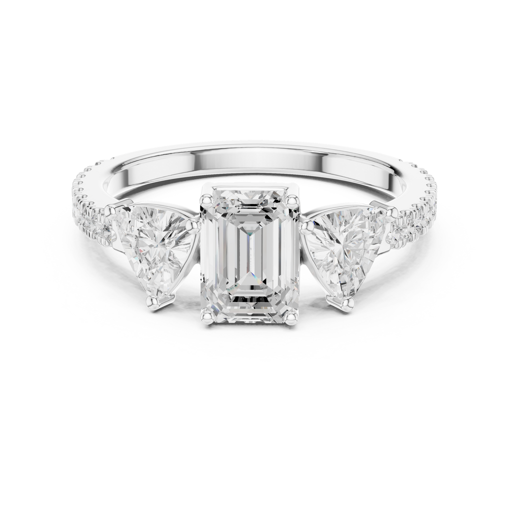 Emerald Cut Three Stone Diamond Engagement Ring with Trillion Side Stones
