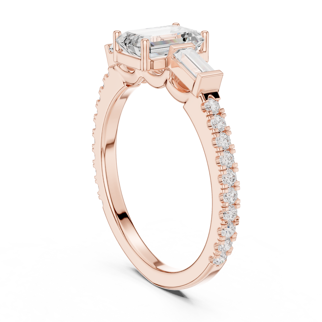 Emerald Cut Three Stone Pavé Diamond Engagement Ring