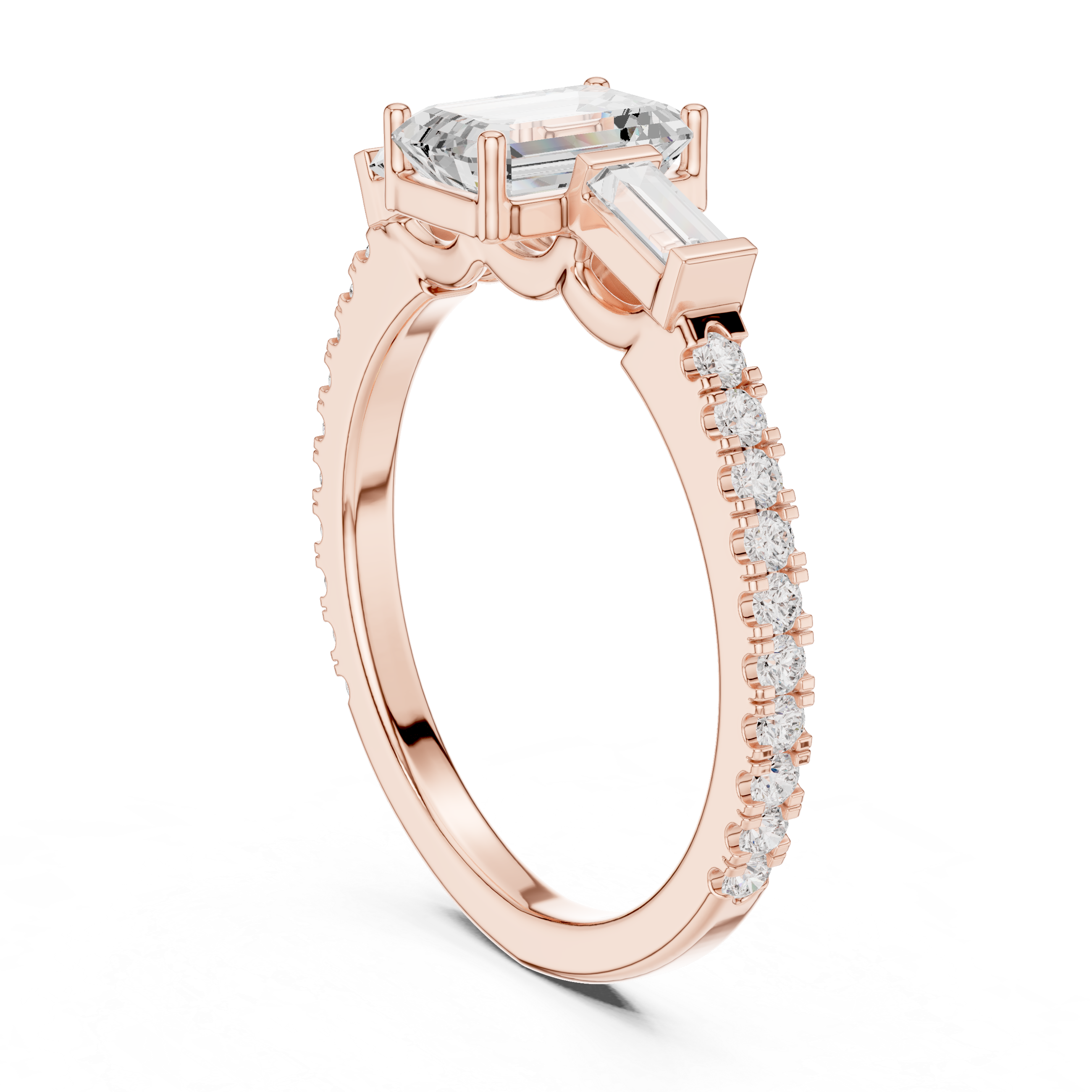 Emerald Cut Three Stone Pavé Diamond Engagement Ring