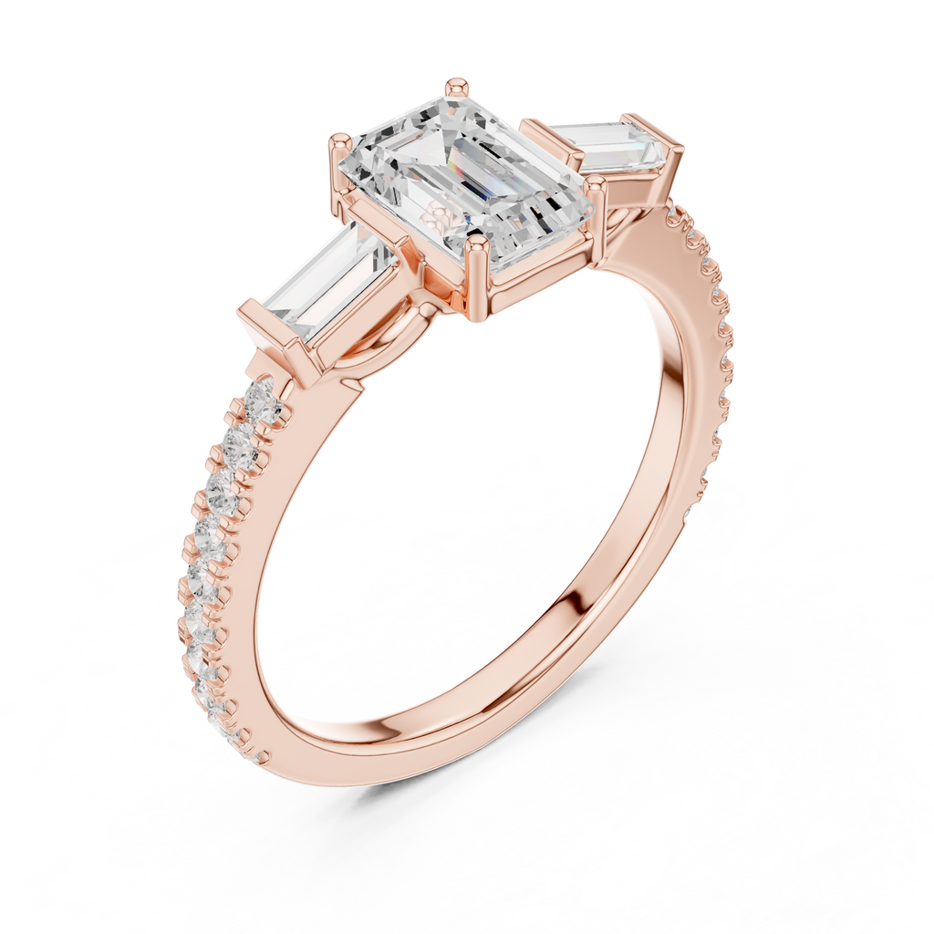 Emerald Cut Three Stone Pavé Diamond Engagement Ring