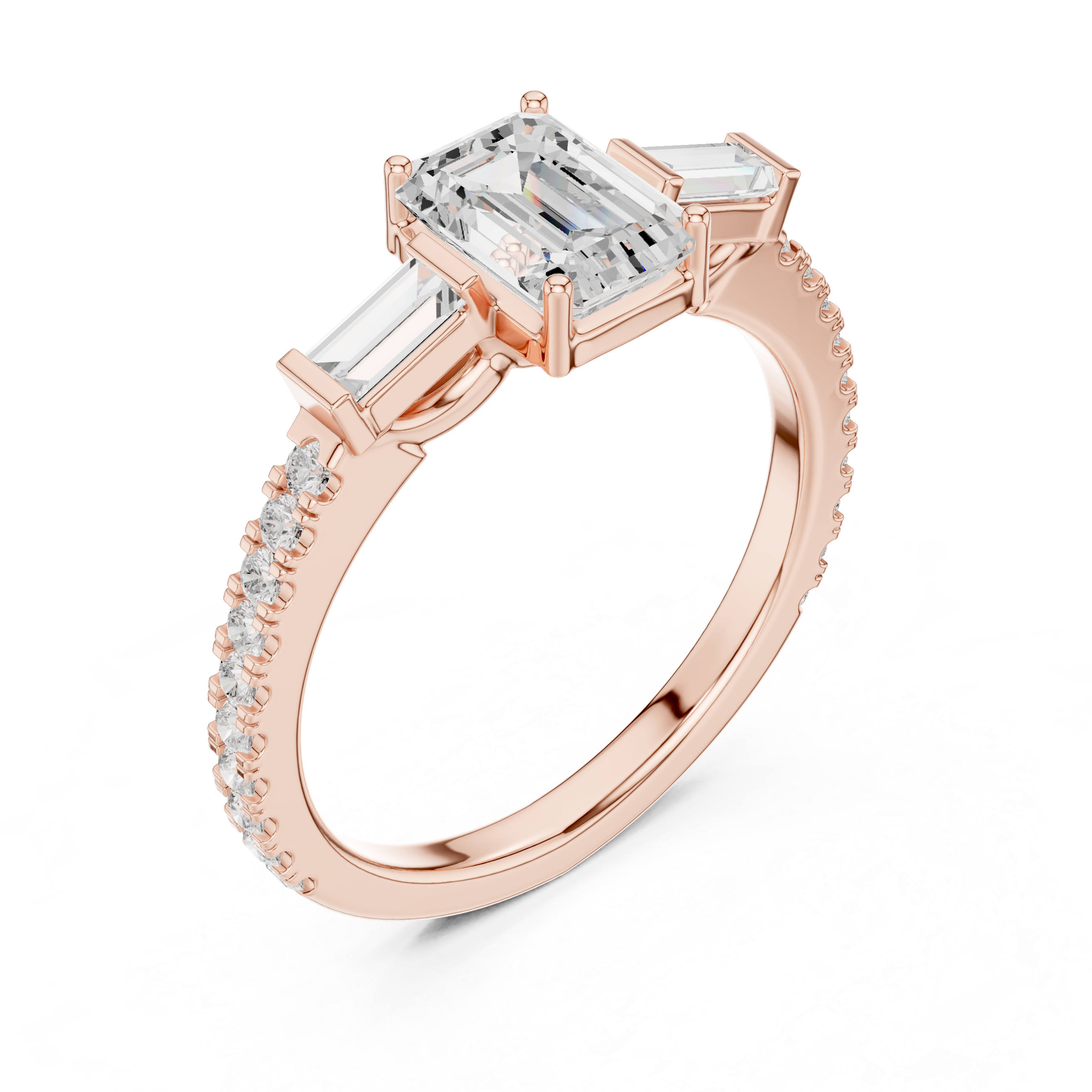 Emerald Cut Three Stone Pavé Diamond Engagement Ring