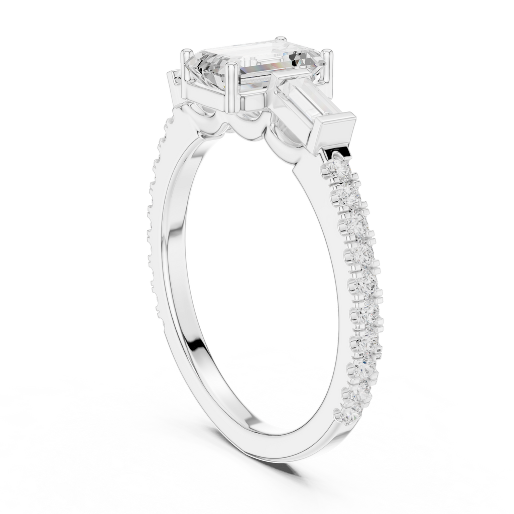 Emerald Cut Three Stone Pavé Diamond Engagement Ring
