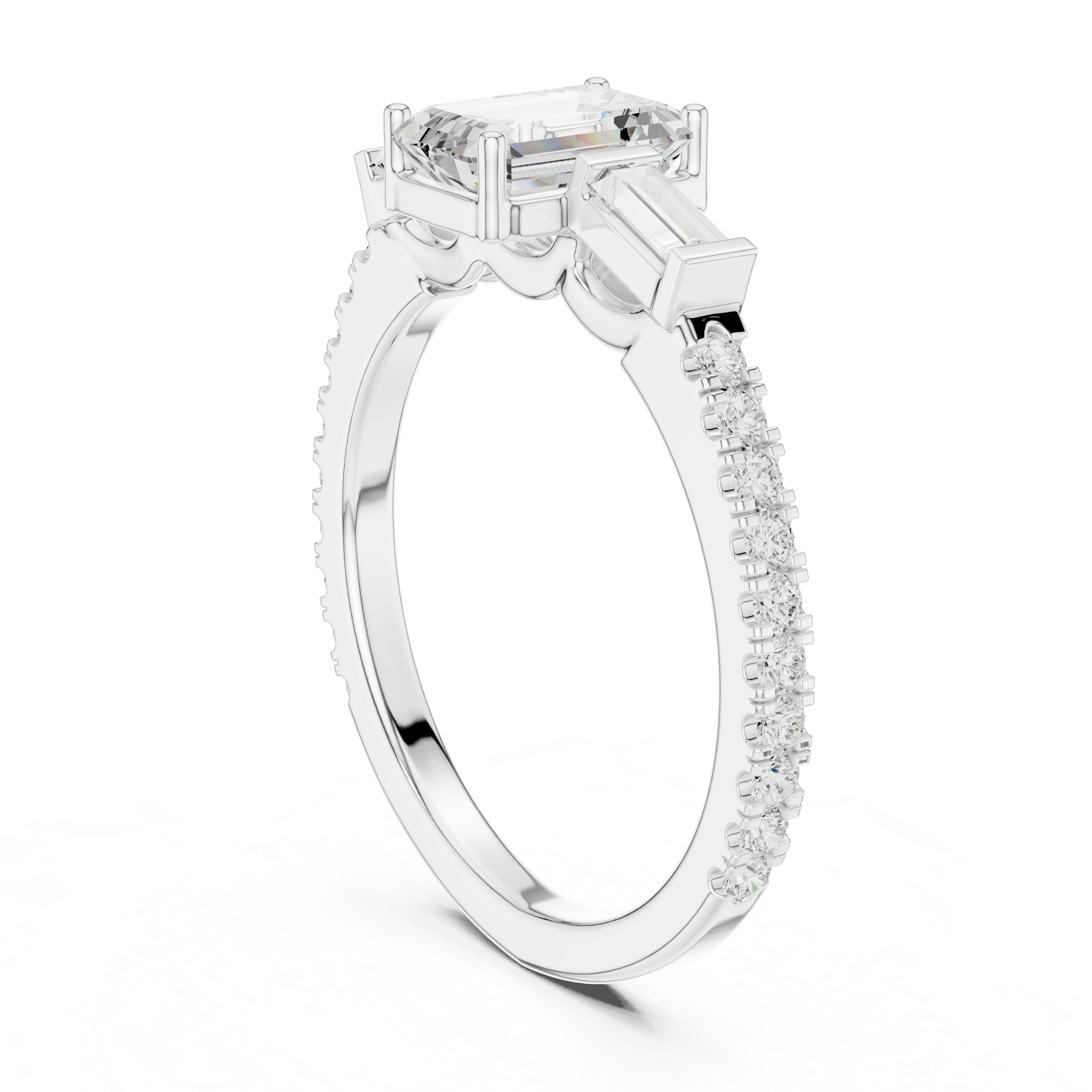 Emerald Cut Three Stone Pavé Diamond Engagement Ring