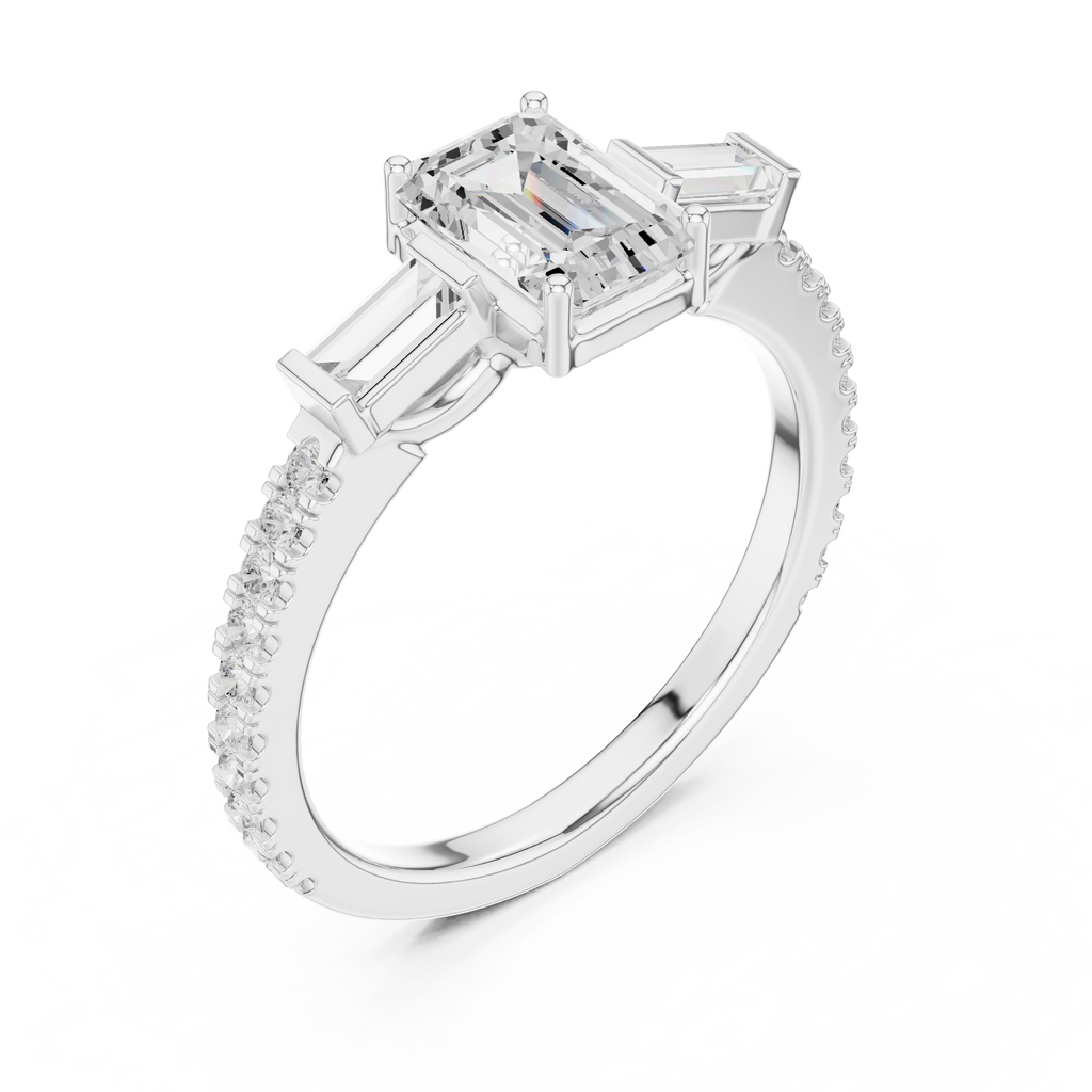 Emerald Cut Three Stone Pavé Diamond Engagement Ring