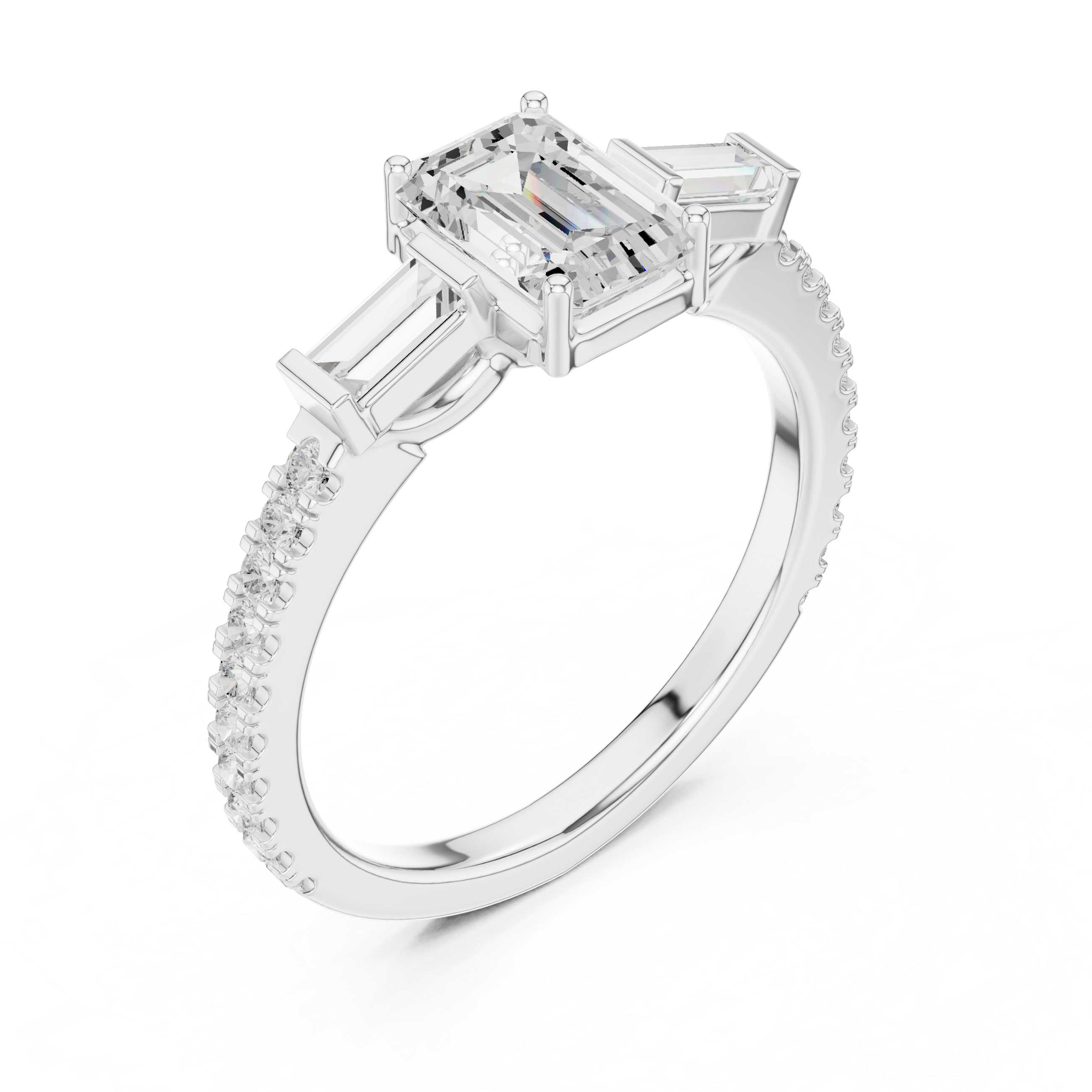 Emerald Cut Three Stone Pavé Diamond Engagement Ring
