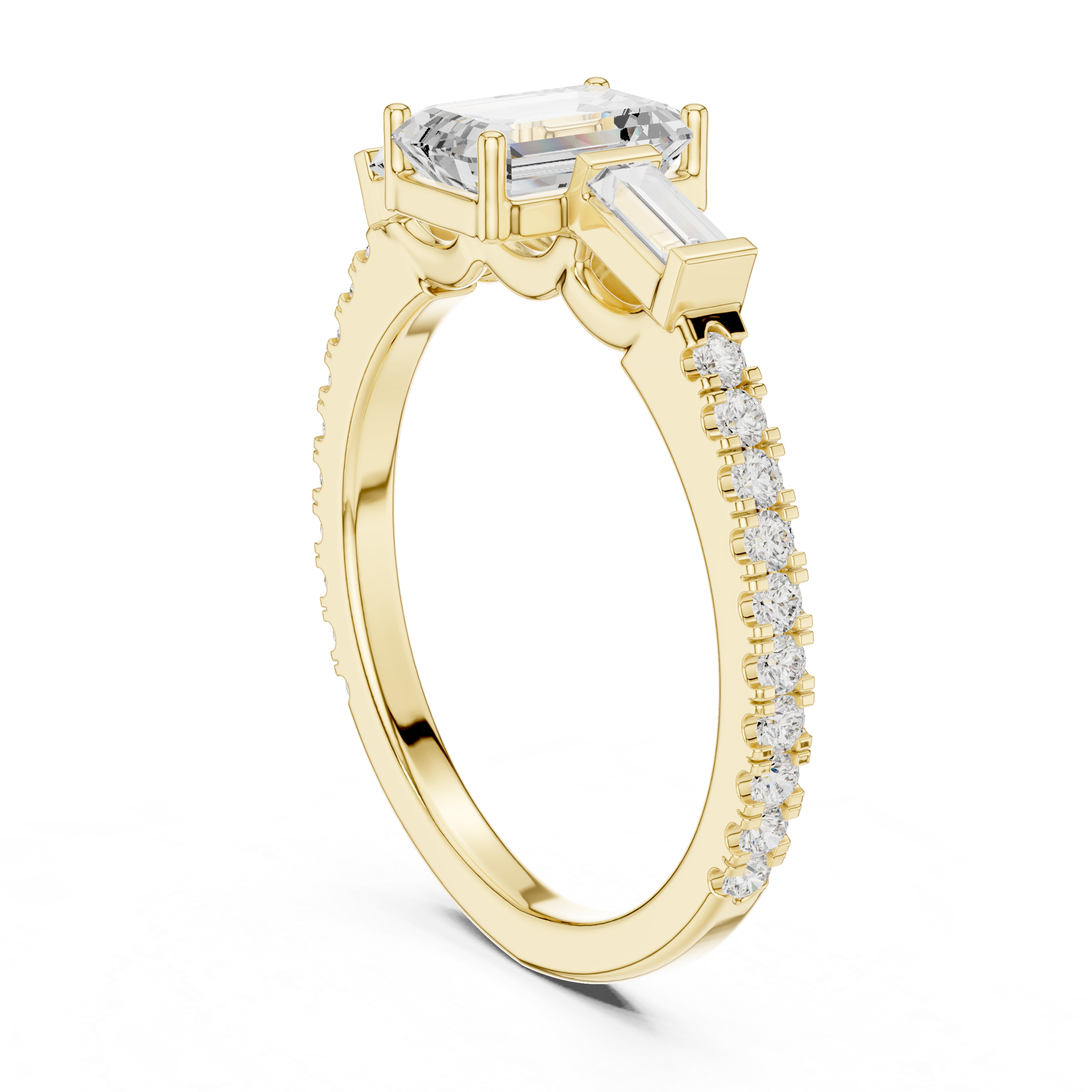 Emerald Cut Three Stone Pavé Diamond Engagement Ring