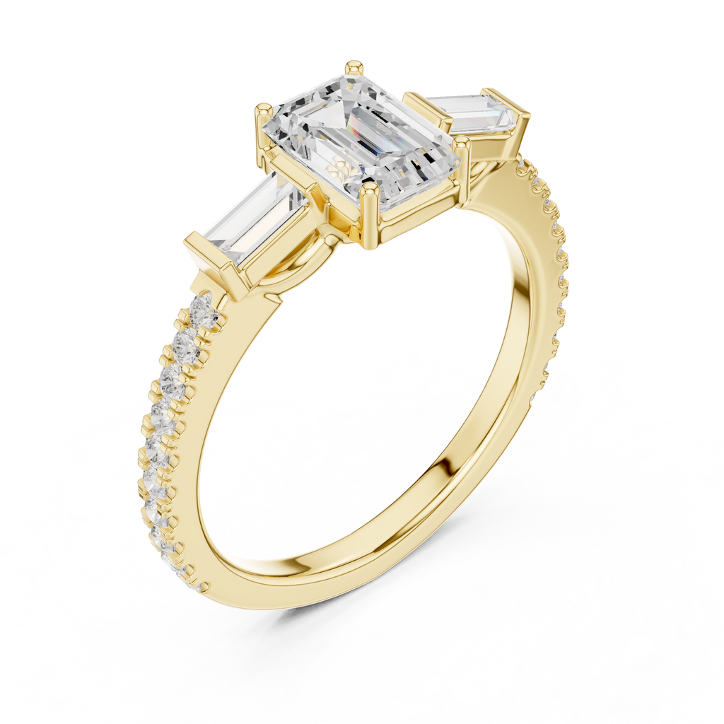 Emerald Cut Three Stone Pavé Diamond Engagement Ring