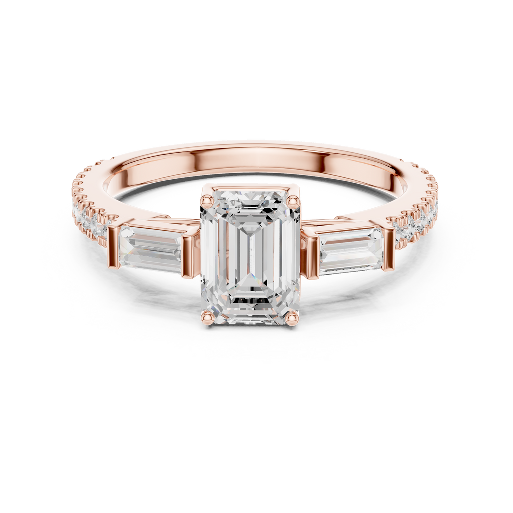 Emerald Cut Three Stone Pavé Diamond Engagement Ring