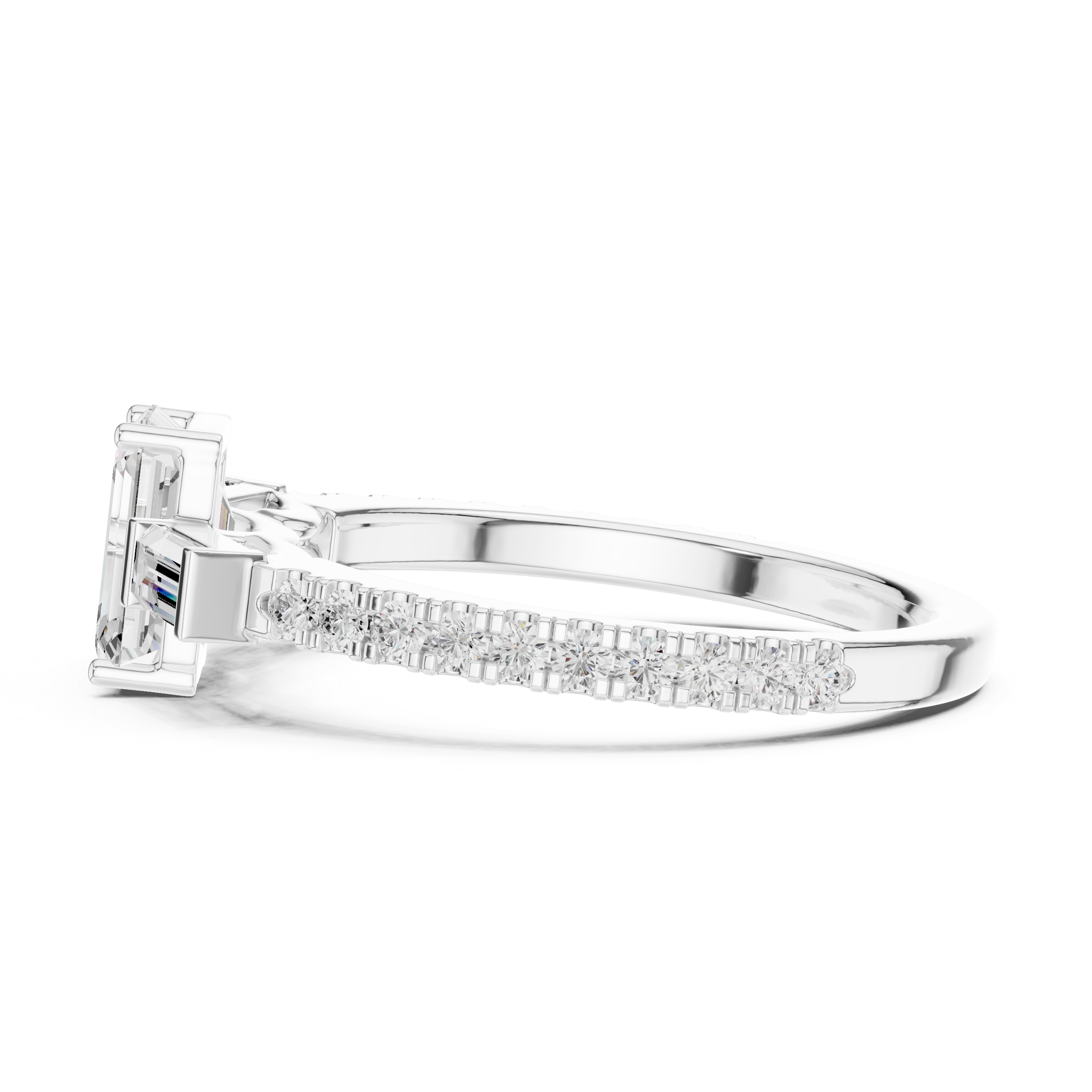 Emerald Cut Three Stone Pavé Diamond Engagement Ring