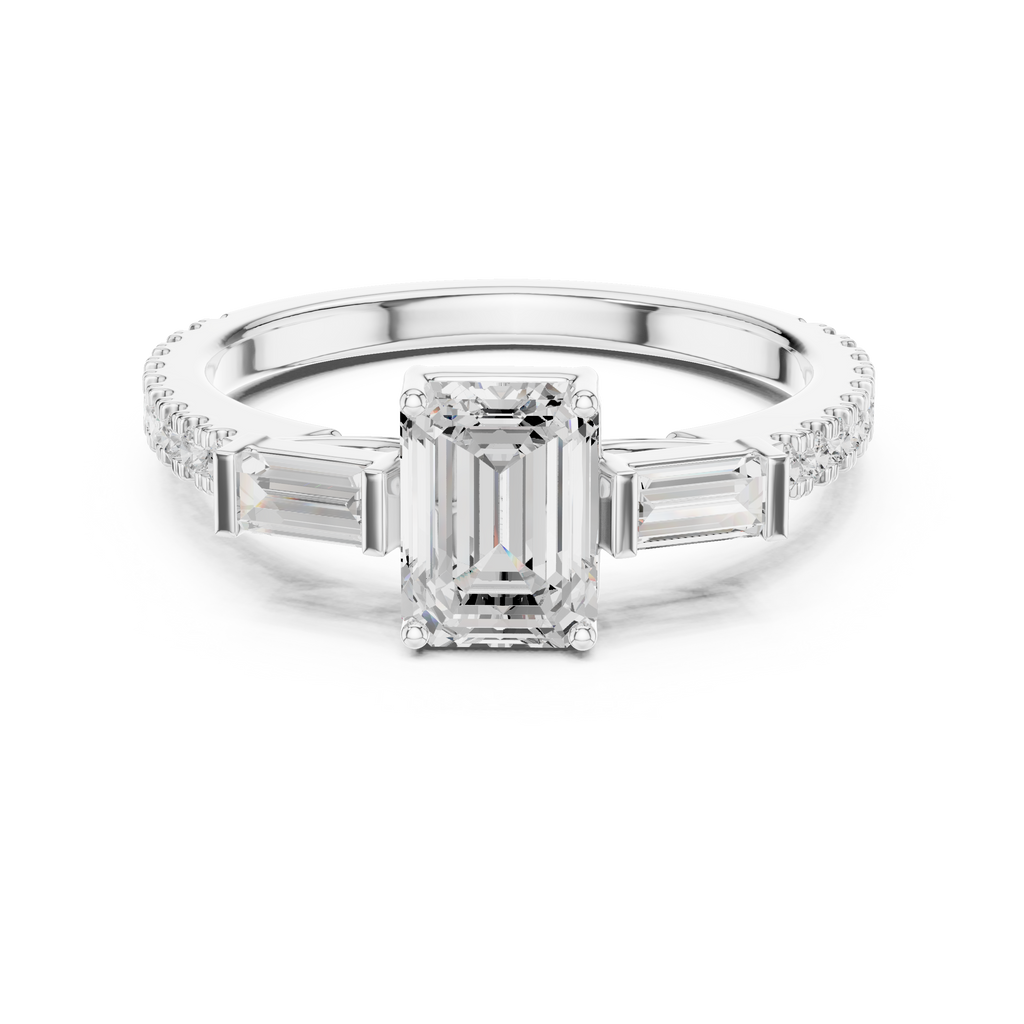 Emerald Cut Three Stone Pavé Diamond Engagement Ring