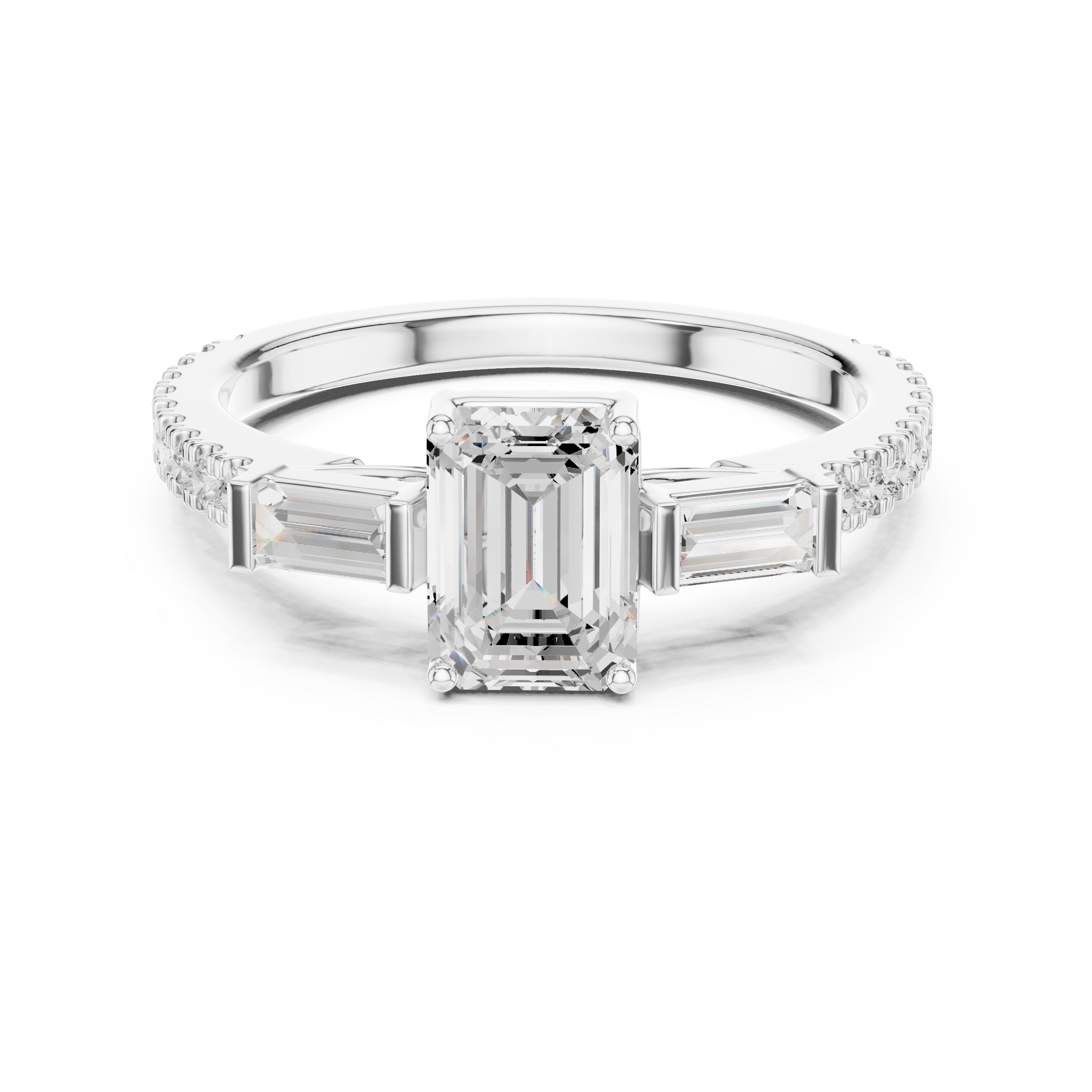 Emerald Cut Three Stone Pavé Diamond Engagement Ring