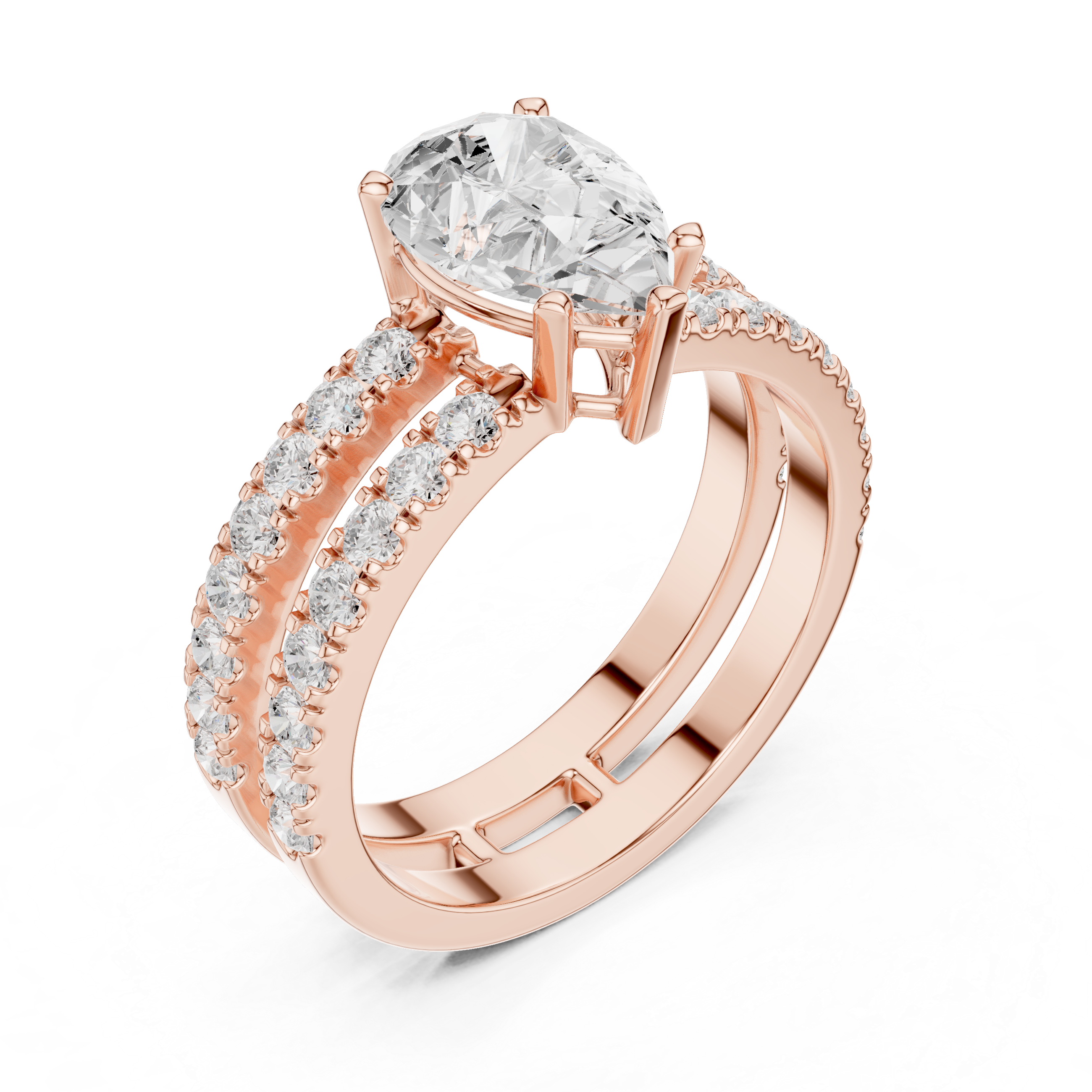 Pear Cut Double Band Diamond Engagement Ring with Pavé Diamonds