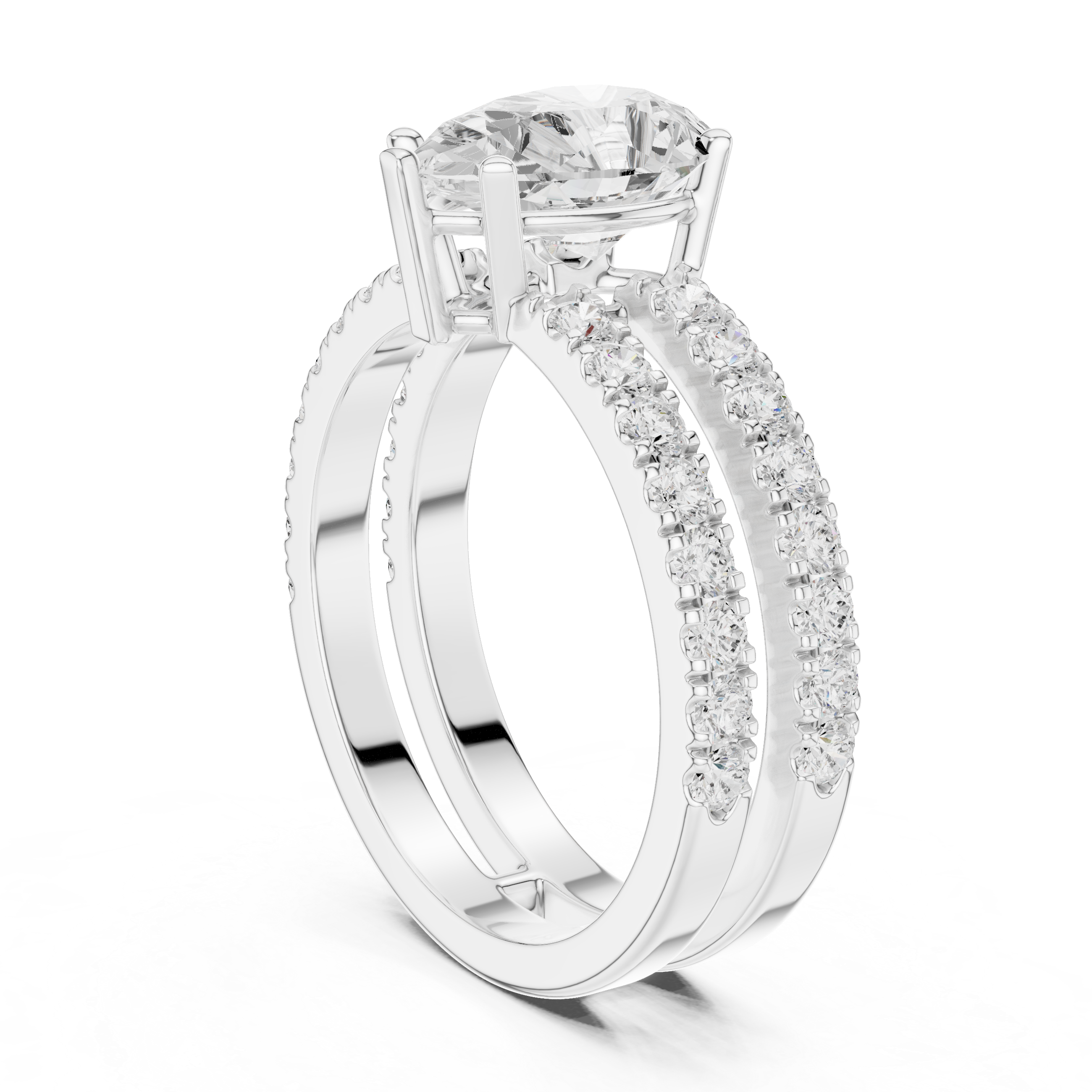 Pear Cut Double Band Diamond Engagement Ring with Pavé Diamonds