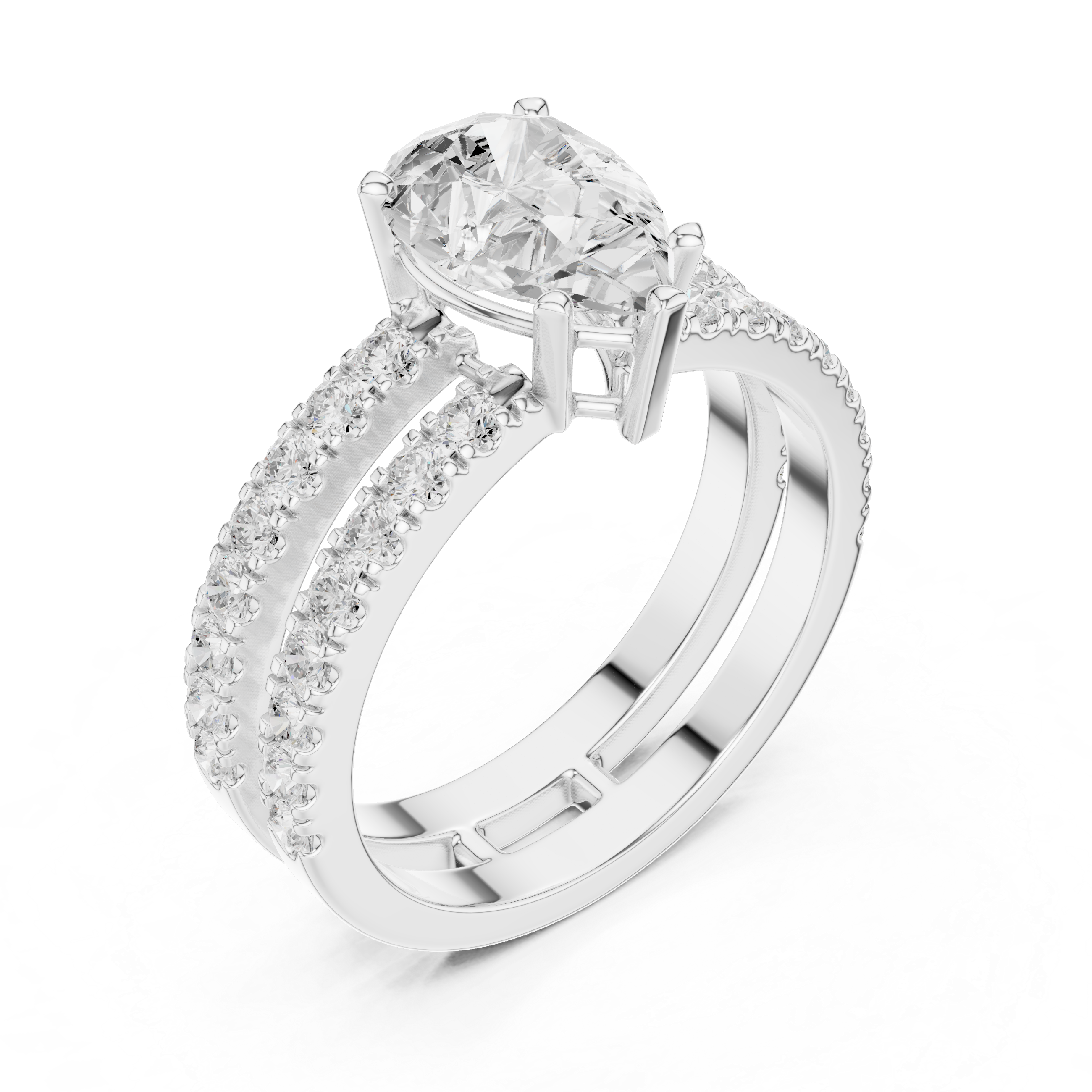 Pear Cut Double Band Diamond Engagement Ring with Pavé Diamonds