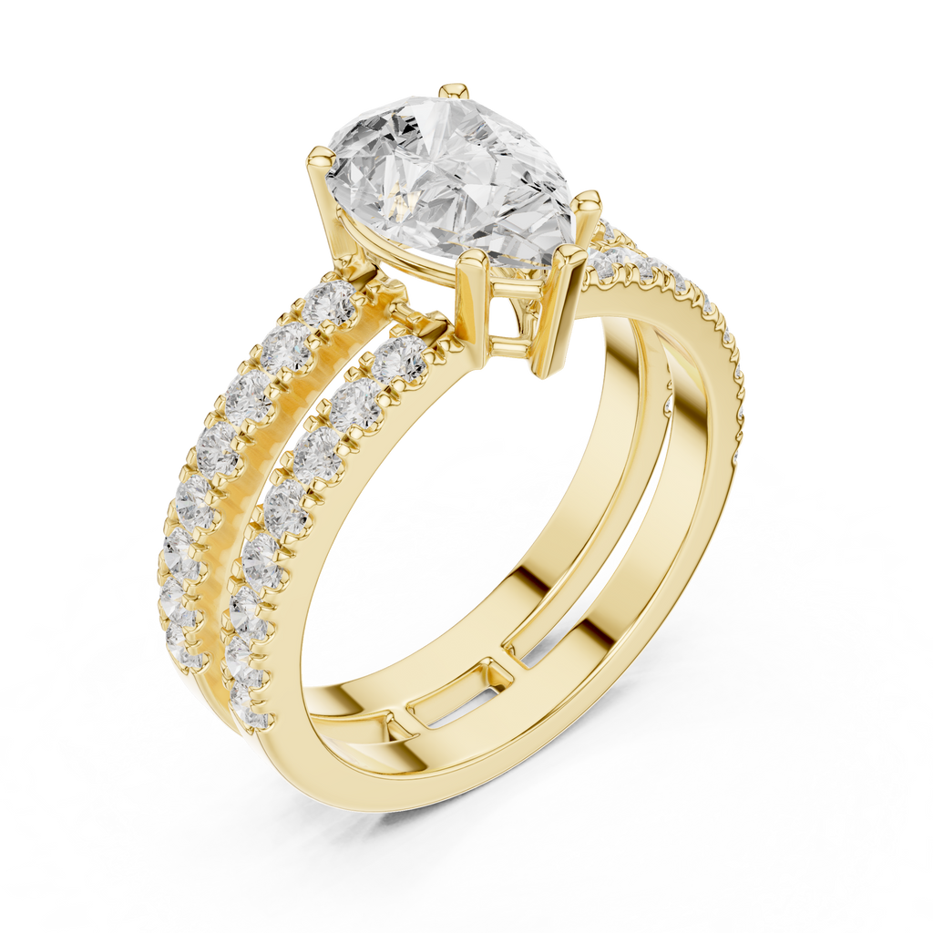 Pear Cut Double Band Diamond Engagement Ring with Pavé Diamonds
