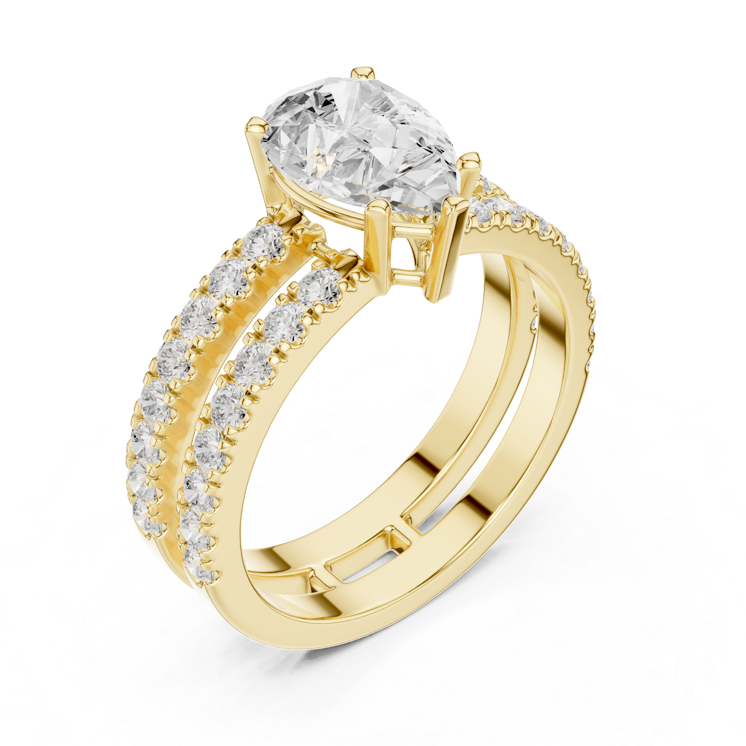 Pear Cut Double Band Diamond Engagement Ring with Pavé Diamonds