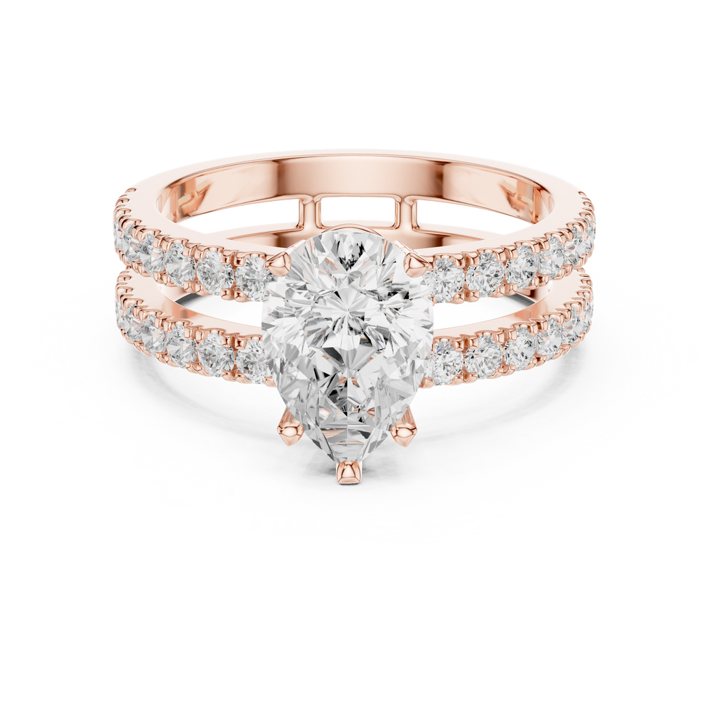 Pear Cut Double Band Diamond Engagement Ring with Pavé Diamonds