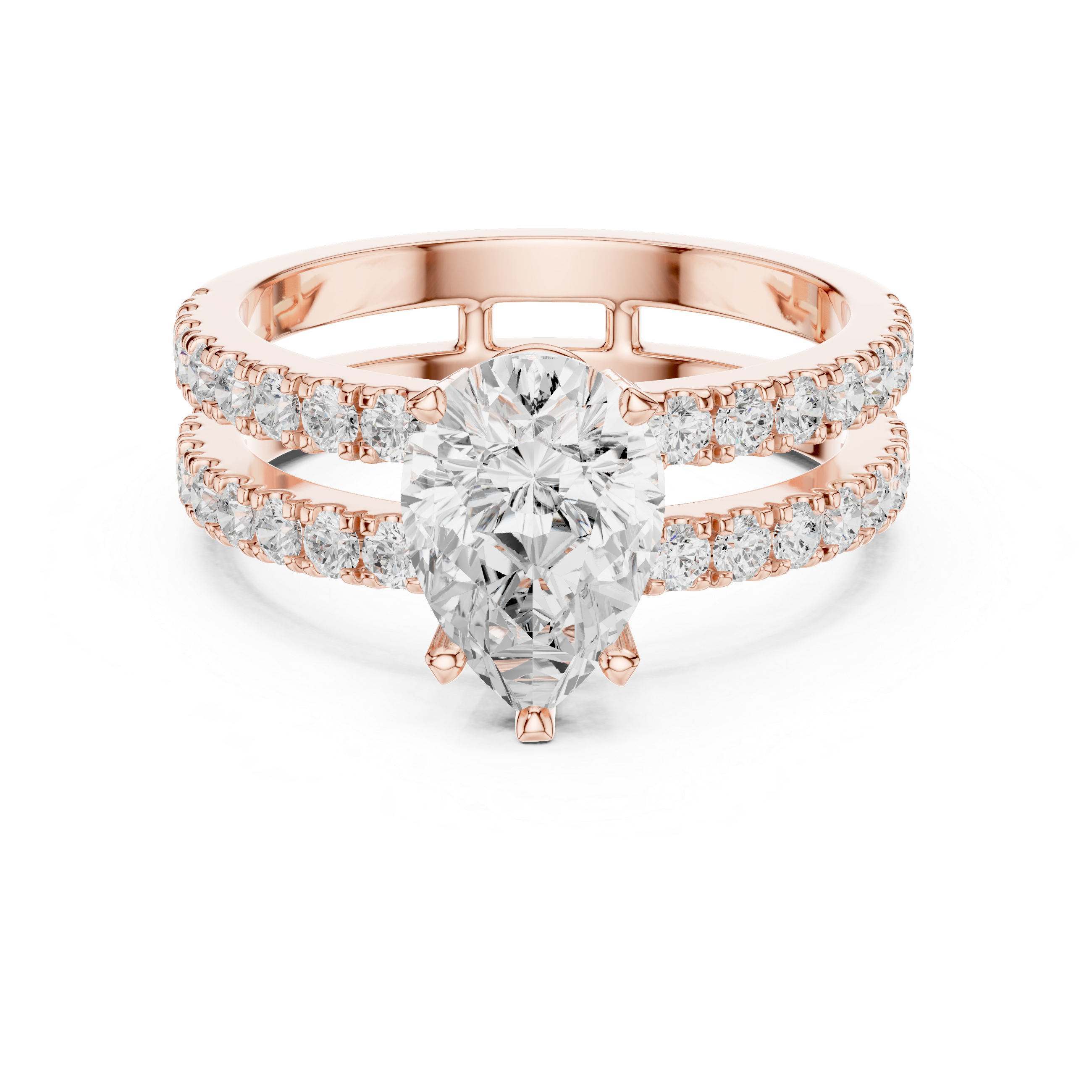 Pear Cut Double Band Diamond Engagement Ring with Pavé Diamonds
