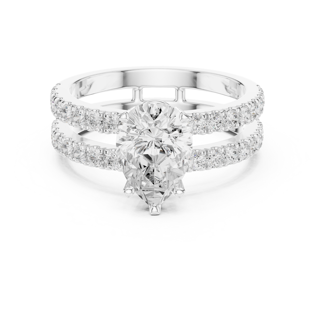 Pear Cut Double Band Diamond Engagement Ring with Pavé Diamonds